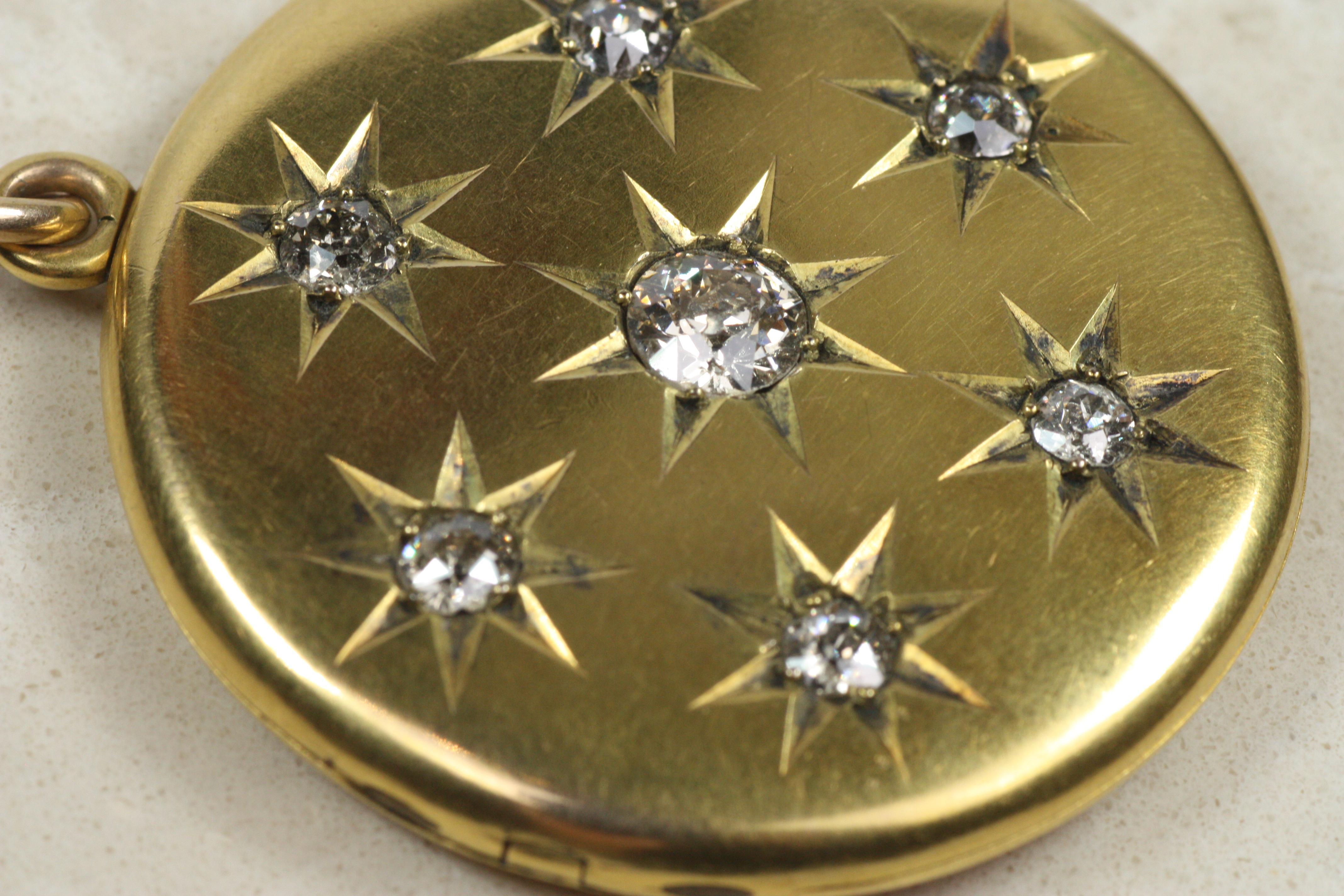 Collar Colgante Relicario Estrella de Diamantes - 1.45cttw Diamantes talla vieja mina Oro 14K en Bueno estado para la venta en Santa Monica, CA
