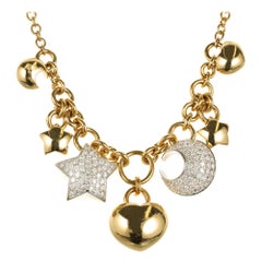 Diamond Star Moon Charm Cable Yellow Gold Necklace