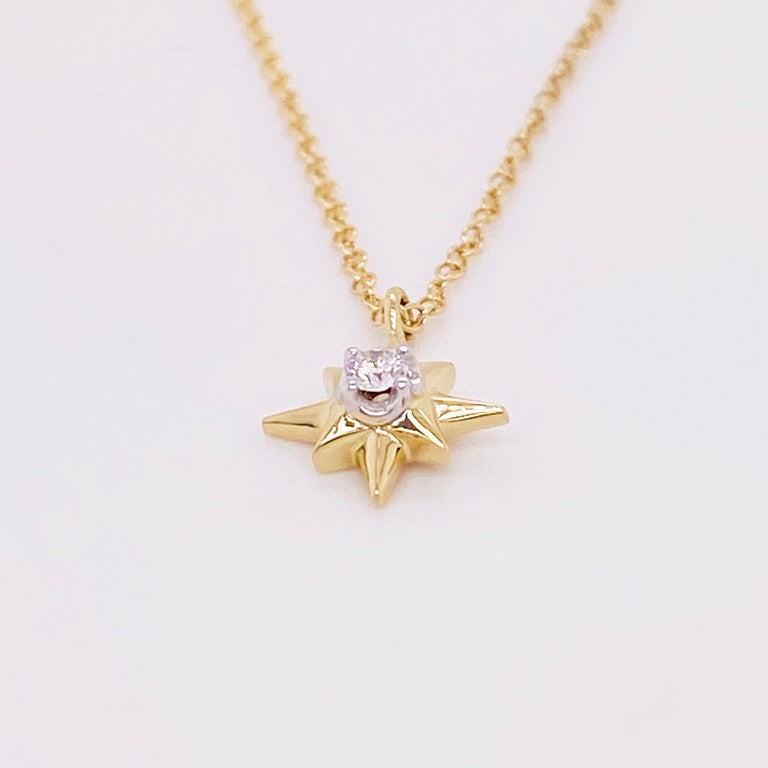 Modern Diamond Star Necklace, 14 Karat Yellow Gold, North Star Pendant Necklace For Sale