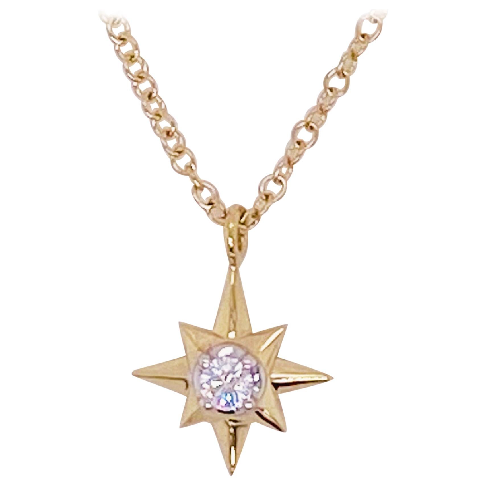 Diamond Star Necklace, 14 Karat Yellow Gold, North Star Pendant Necklace For Sale