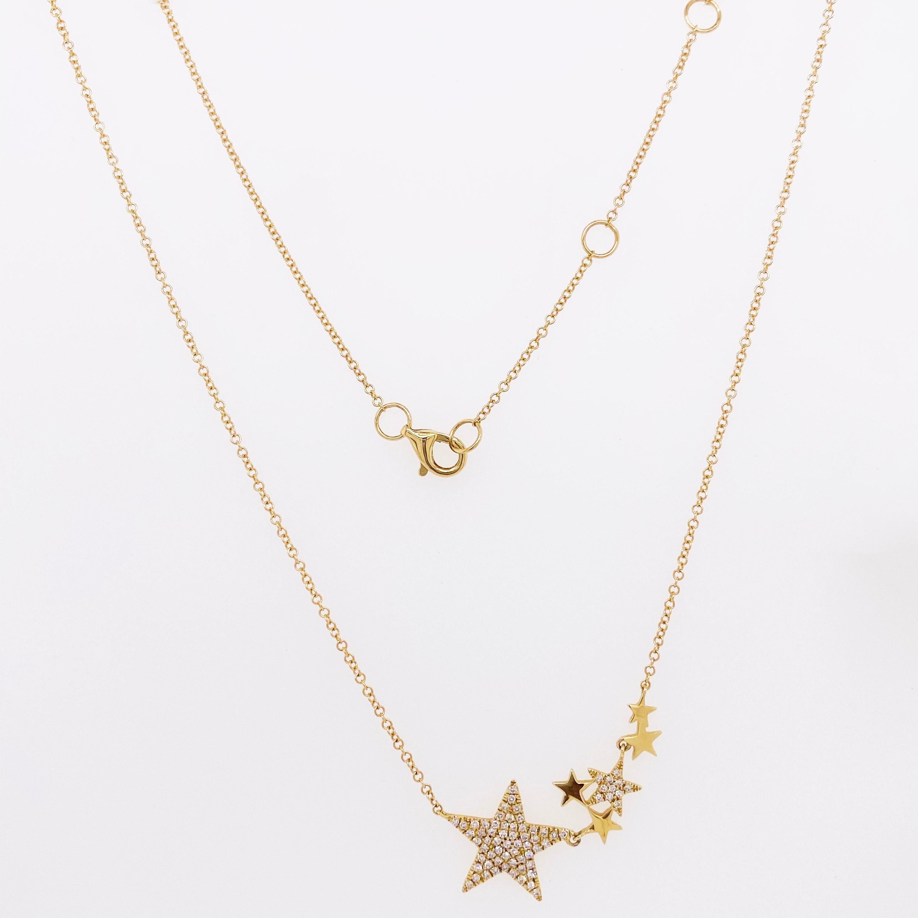 Modern Diamond Star Necklace, 14 Karat Yellow Gold Pave Diamond Flexible Star Bar Space For Sale