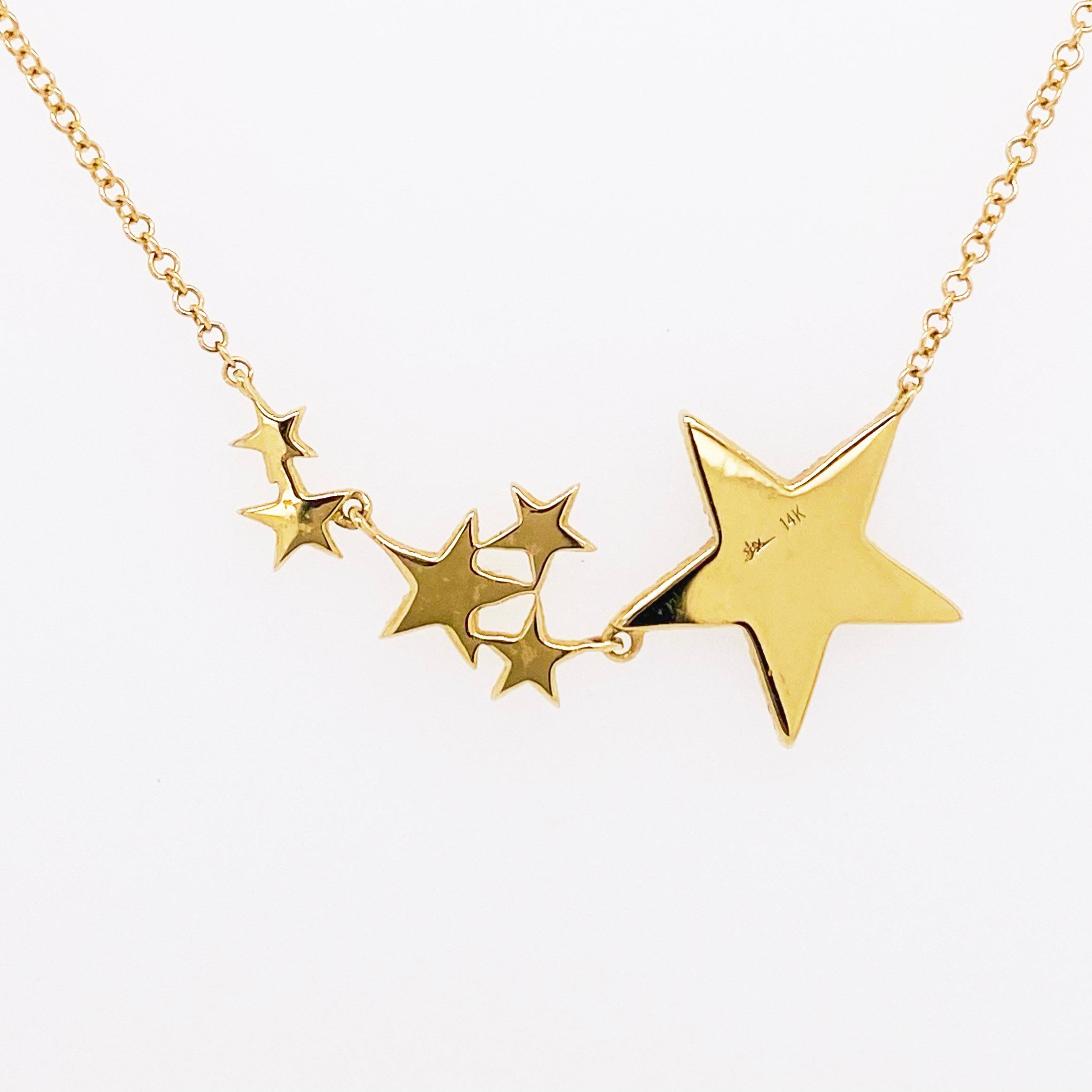 Baguette Cut Diamond Star Necklace, 14 Karat Yellow Gold Pave Diamond Flexible Star Bar Space For Sale