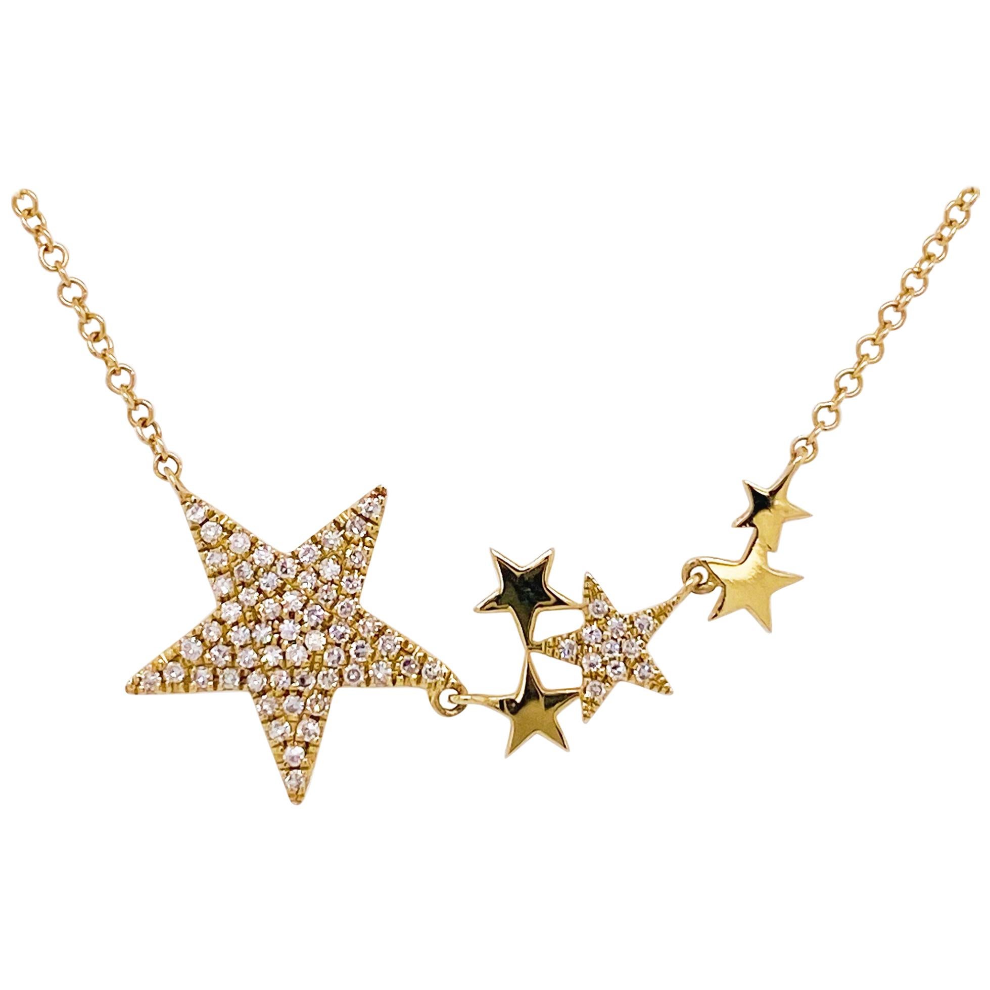 Diamond Star Necklace, 14 Karat Yellow Gold Pave Diamond Flexible Star Bar Space