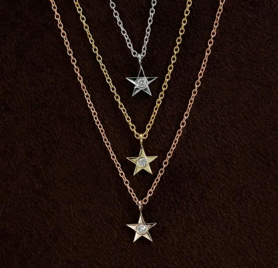 Round Cut Diamond Star Necklace 14k Solid Gold Dainty For Sale