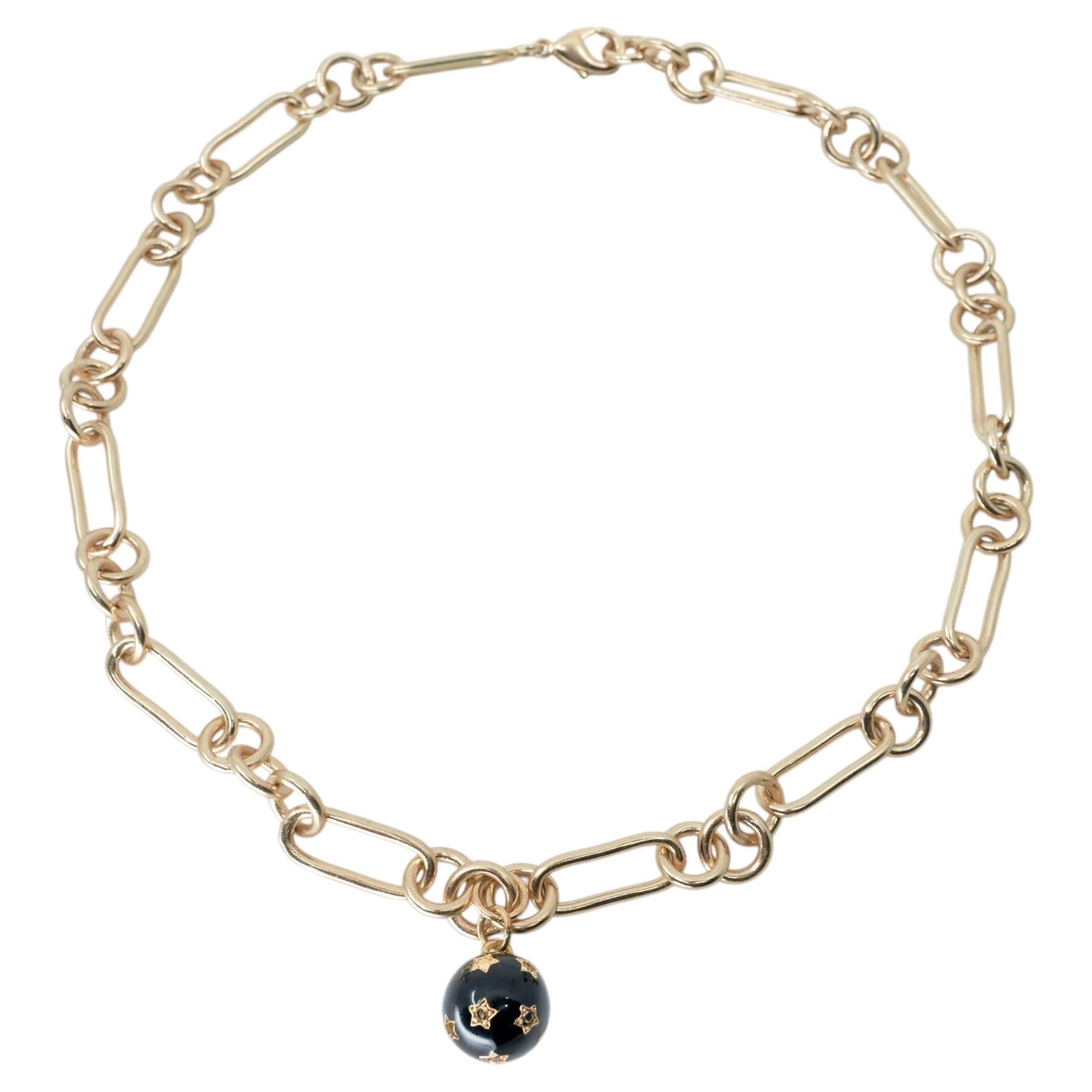 Chain Choker Necklace Diamond Star Sphere Black Enamel Gold Plated J Dauphin