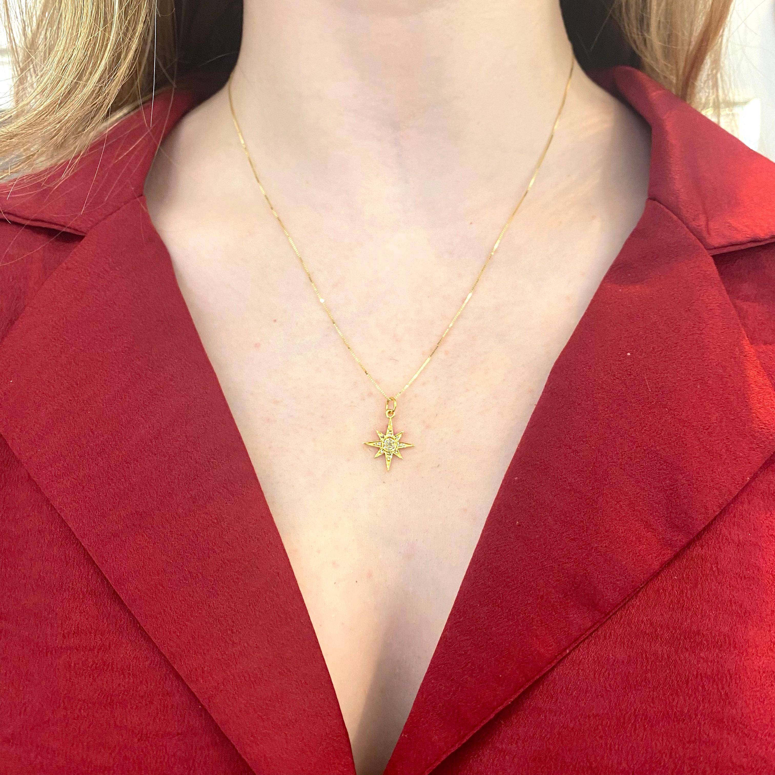 Know your direction by following the North Star! This diamond pendant will guide you and show you the way!  The pendant comes with the 14 karat yellow gold box chain! This is an amazing star pendant that will look good with other pendants or just