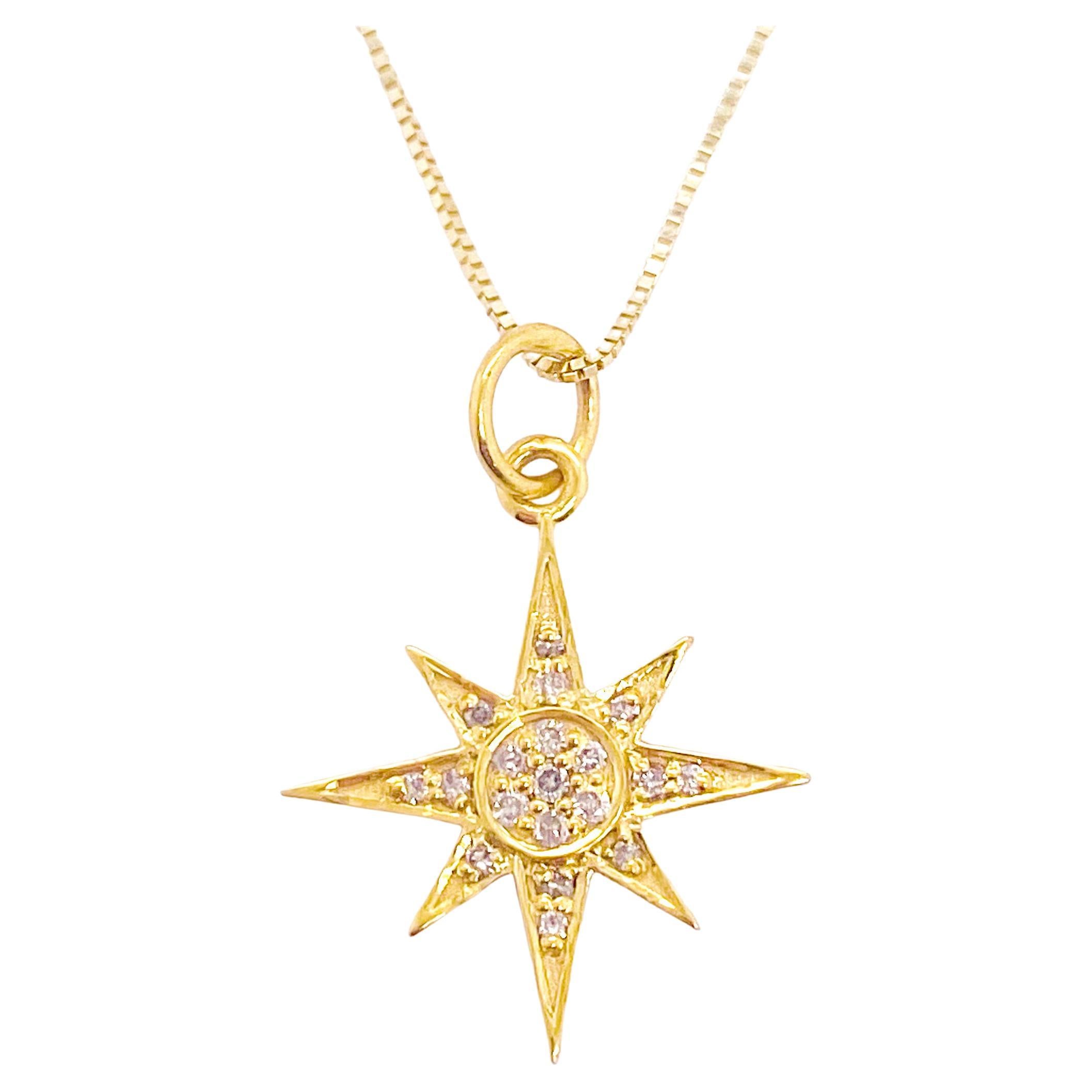 Diamond Star Necklace, Yellow Gold, 19 Diamonds North Star Pendant Necklace For Sale