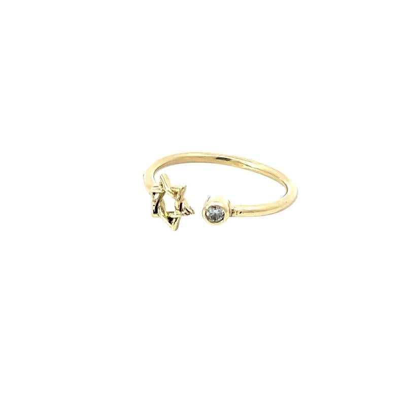 Crafted in radiant 9 karat gold, this exquisite open-style ring features a beautifully detailed Star of David on one side and a brilliant bezel-set round brilliant cut natural diamond on the other. A perfect blend of symbolism and elegance, this