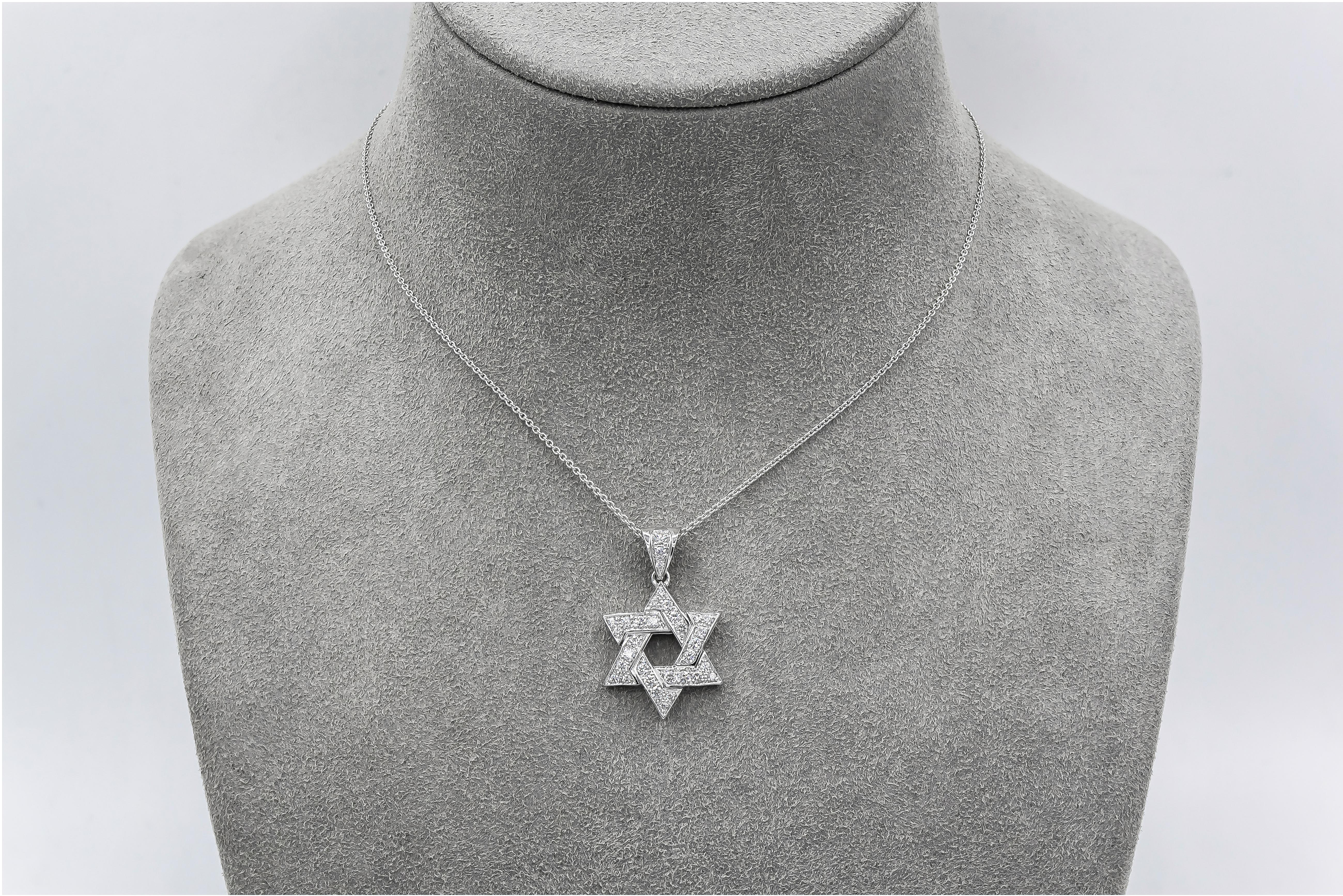 A traditional star of david pendant encrusted with round brilliant diamonds weighing 0.58 carats total. Made in 18k white gold. 

Style available in different price ranges. Prices are based on your selection. Please contact us for more information.  
