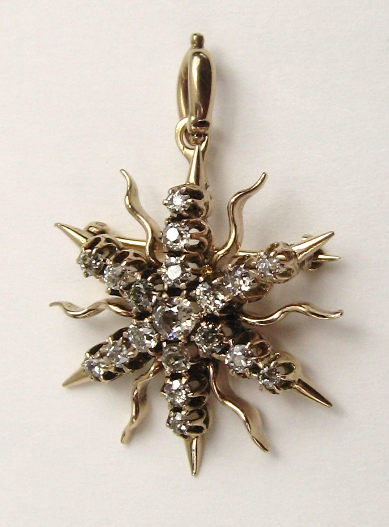 Women's or Men's Diamond Star Pendant / Brooch Convertible 14k Gold 1.35 Carat Victorian For Sale