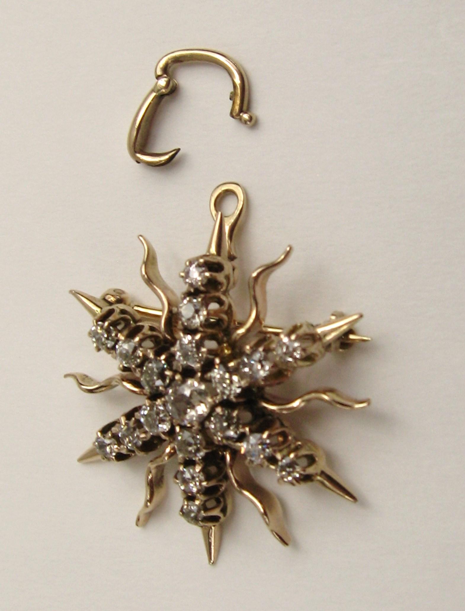 Diamond Star Pendant / Brooch Convertible 14k Gold 1.35 Carat Victorian For Sale 1