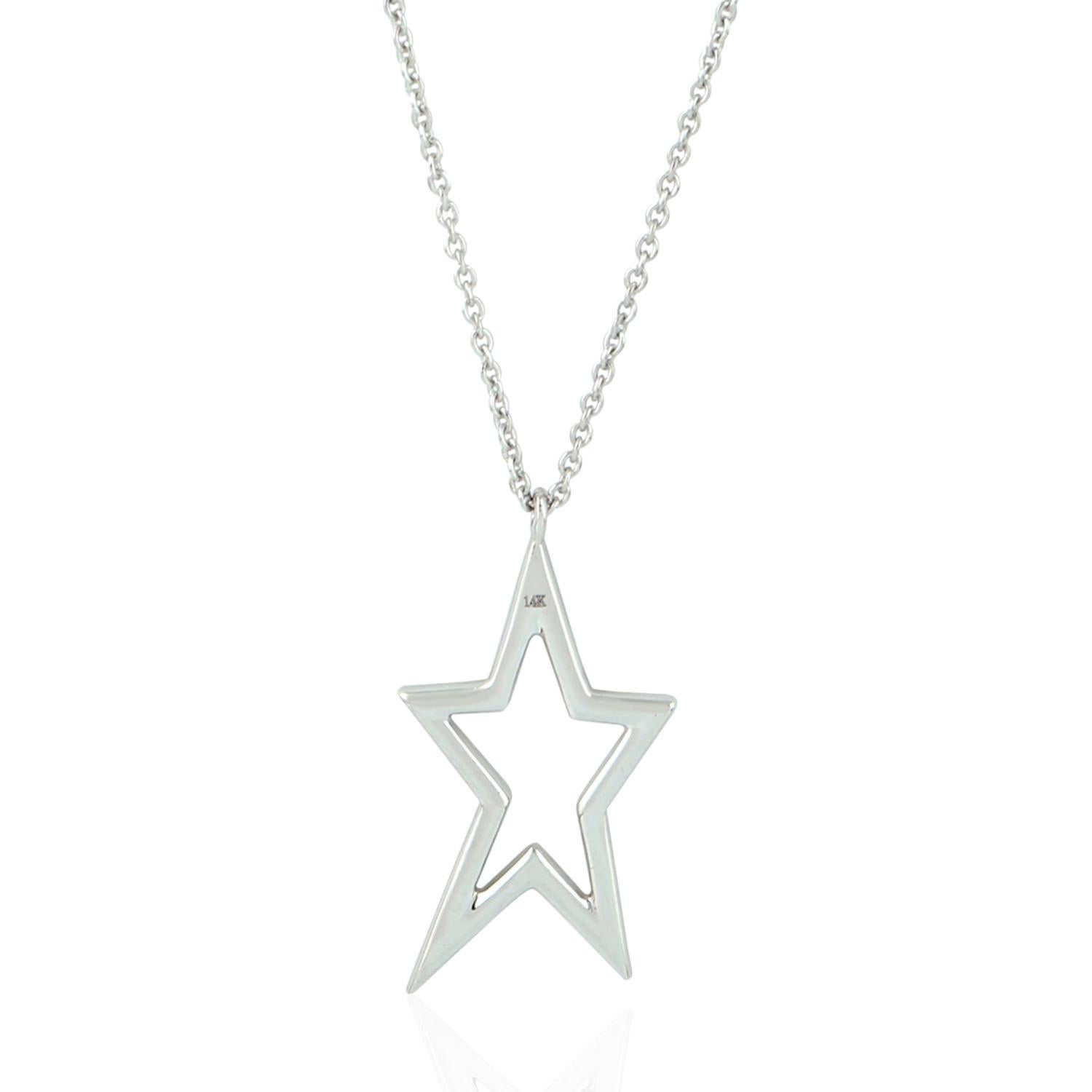 Artisan Diamond Star Pendant Chain Necklace Made In 14k White Gold For Sale