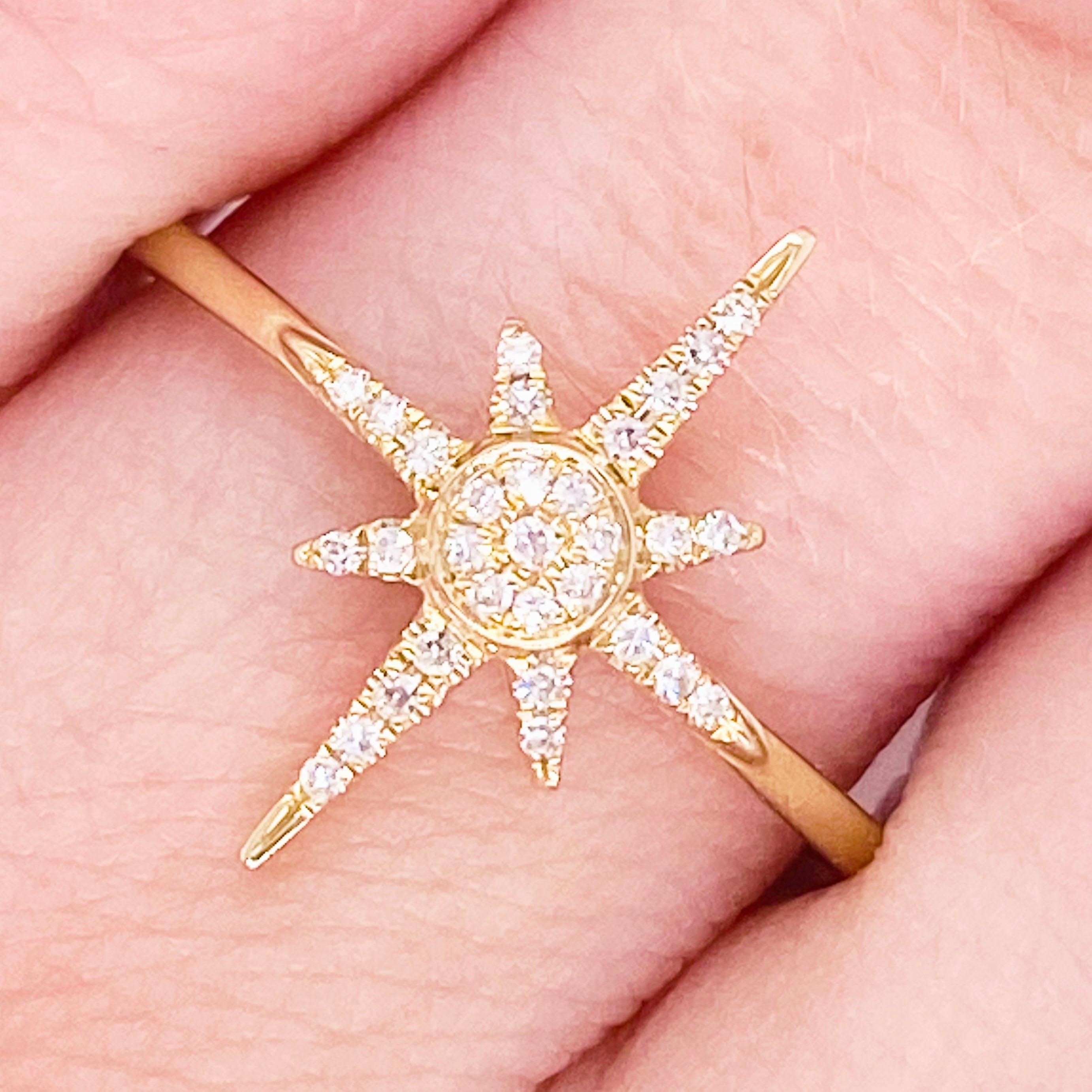 This lovely diamond ring has a beautiful north star design! Accented by lovely 14 karat yellow gold, this ring is amazing by itself or in a stack! Treat yourself or your loved one today!

The details for this beautiful ring are listed below:
Metal