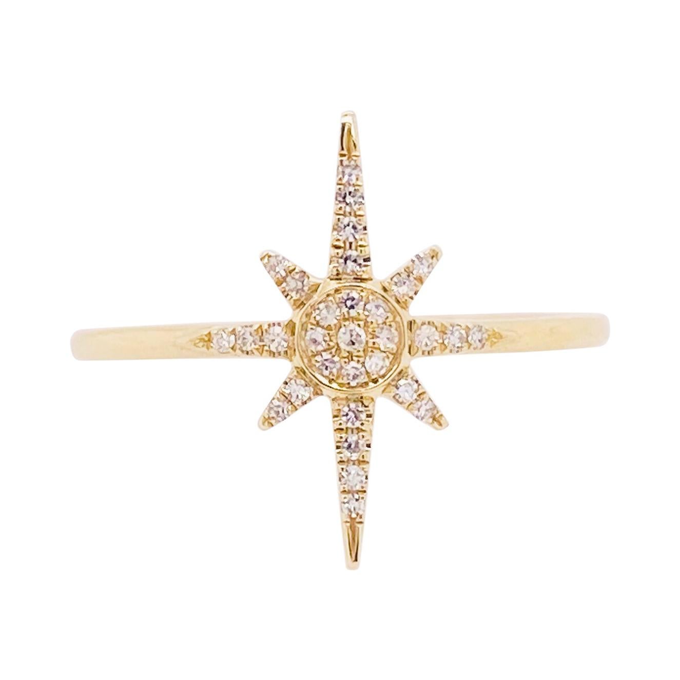 For Sale:  Diamond Star Ring, 14 Karat Yellow Gold Compass Star, North Star, Constellation