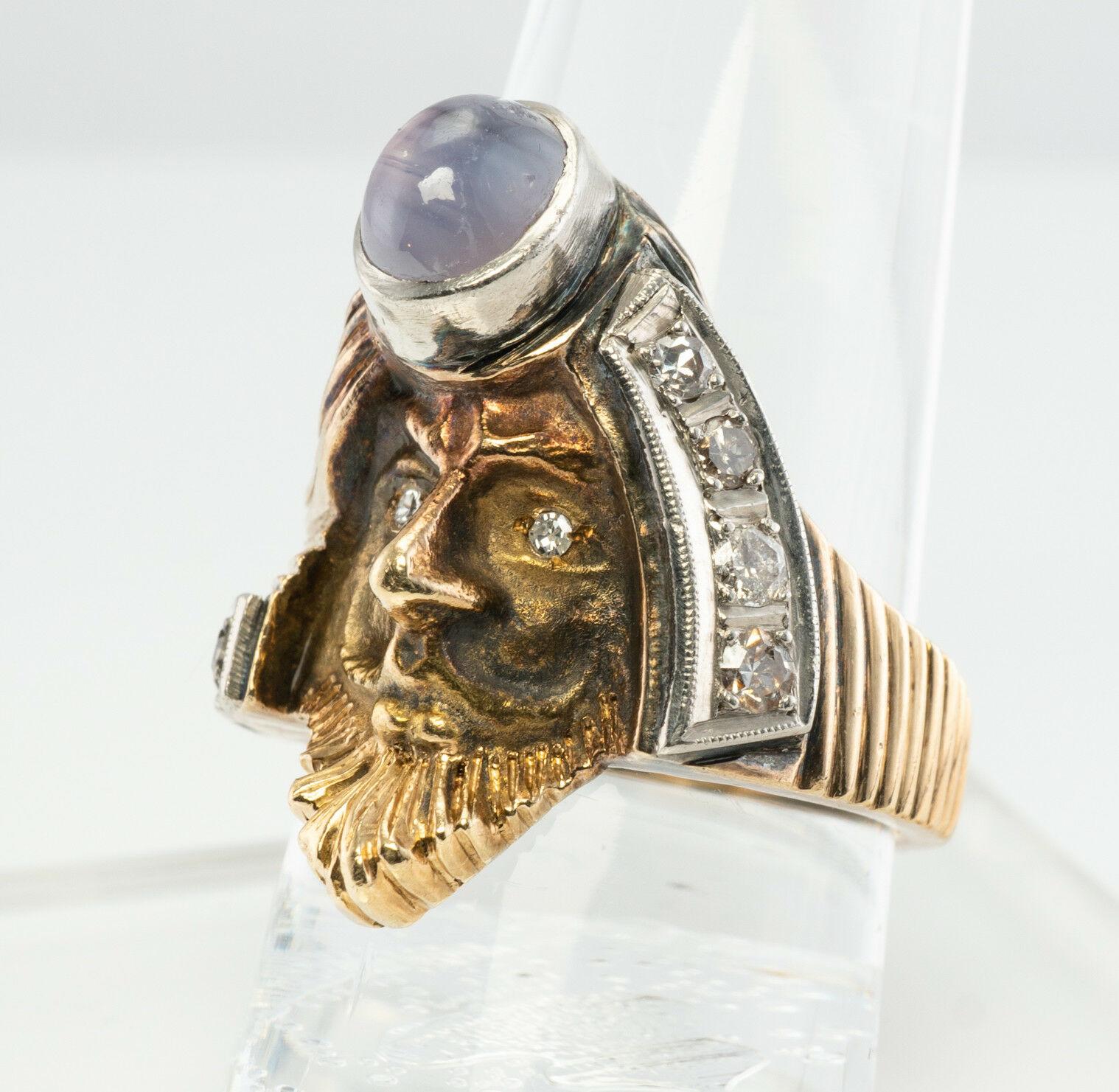 Anello con diamante, stella e zaffiro in oro 14K, viso mitologico d'epoca in vendita 5