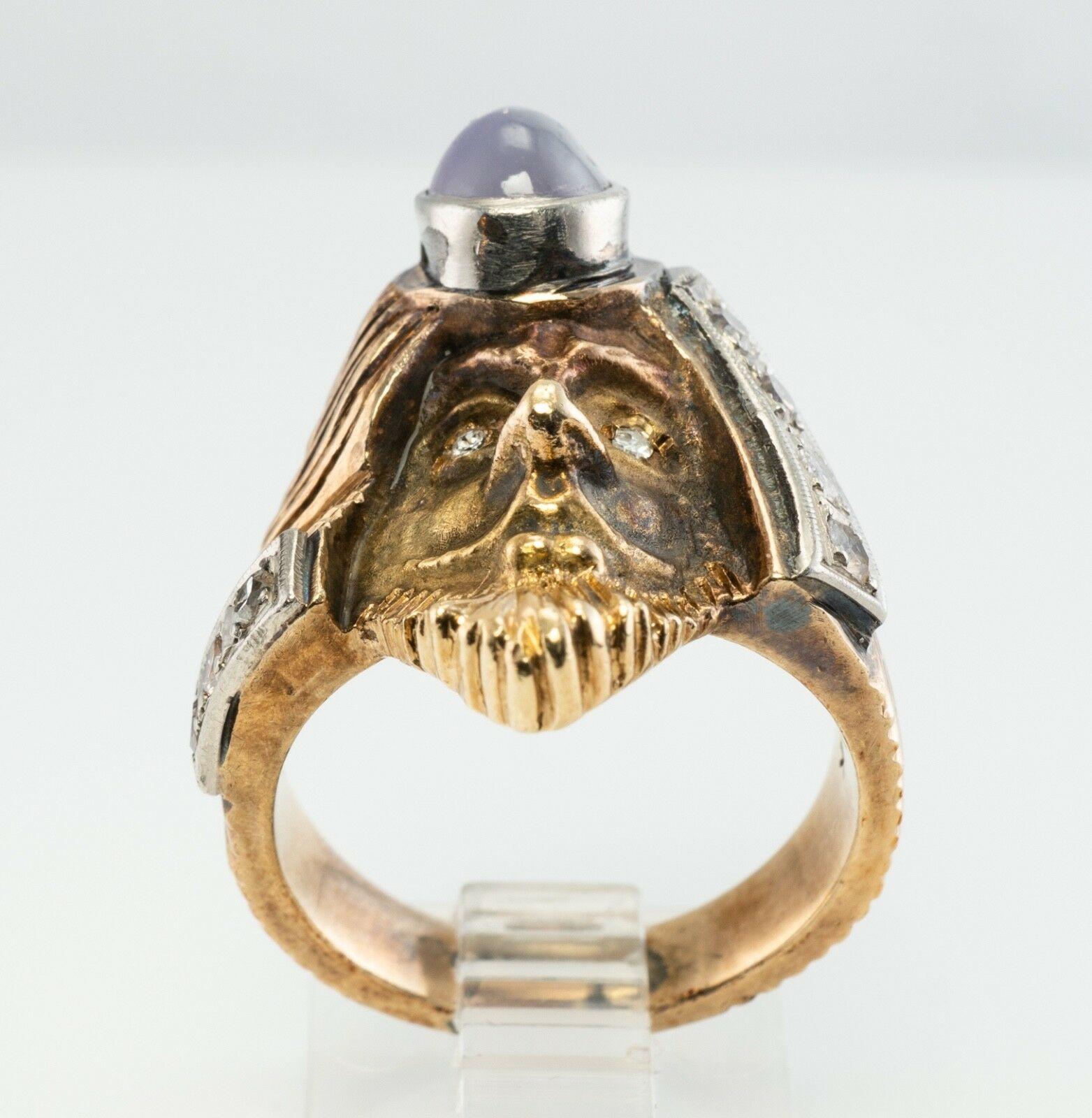 Anello con diamante, stella e zaffiro in oro 14K, viso mitologico d'epoca in vendita 6