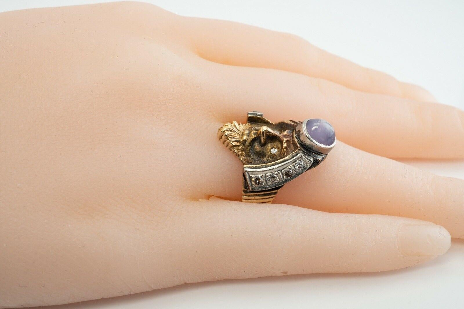 Anello con diamante, stella e zaffiro in oro 14K, viso mitologico d'epoca in vendita 7