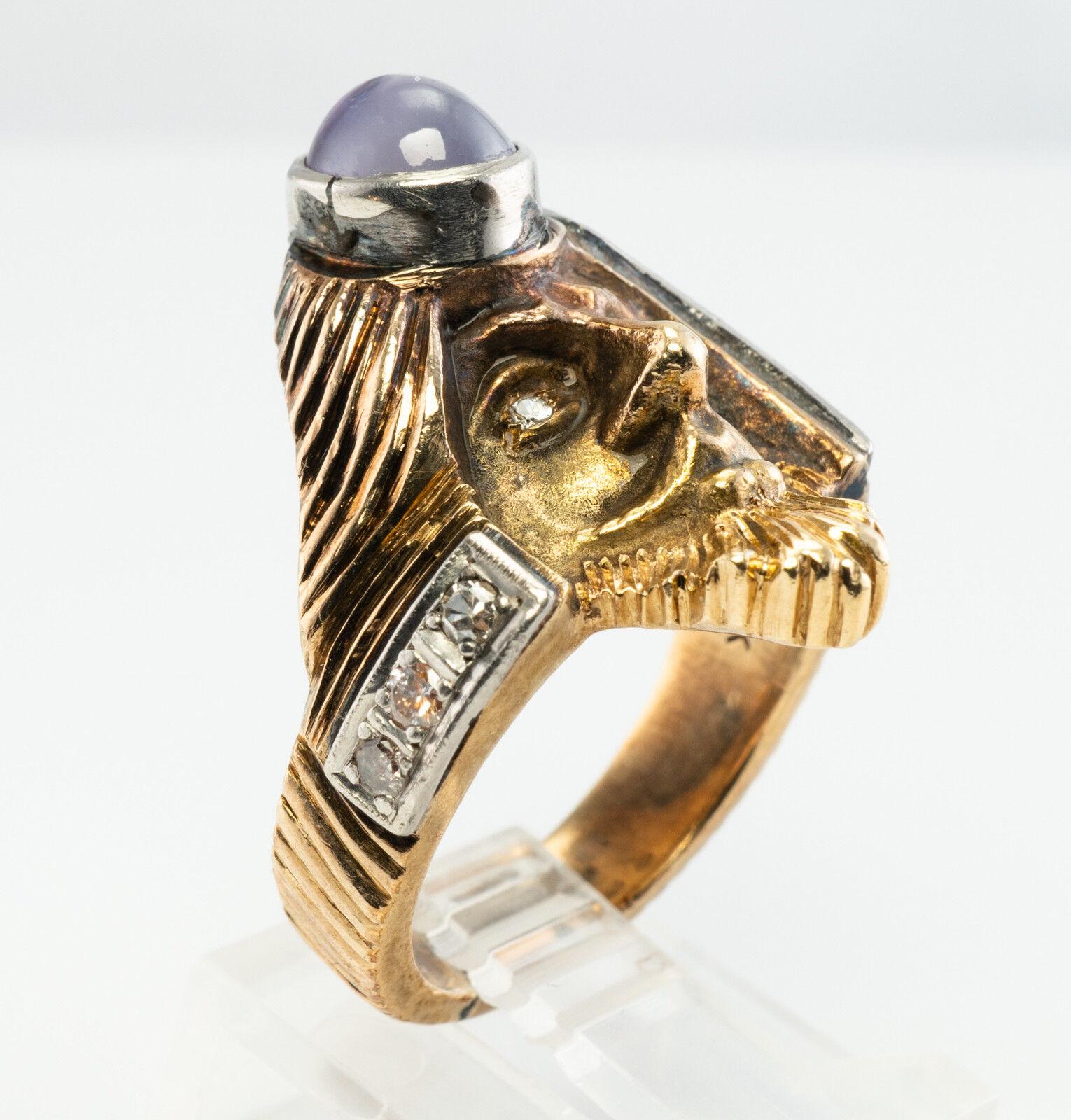 Cabochon Anello con diamante, stella e zaffiro in oro 14K, viso mitologico d'epoca in vendita