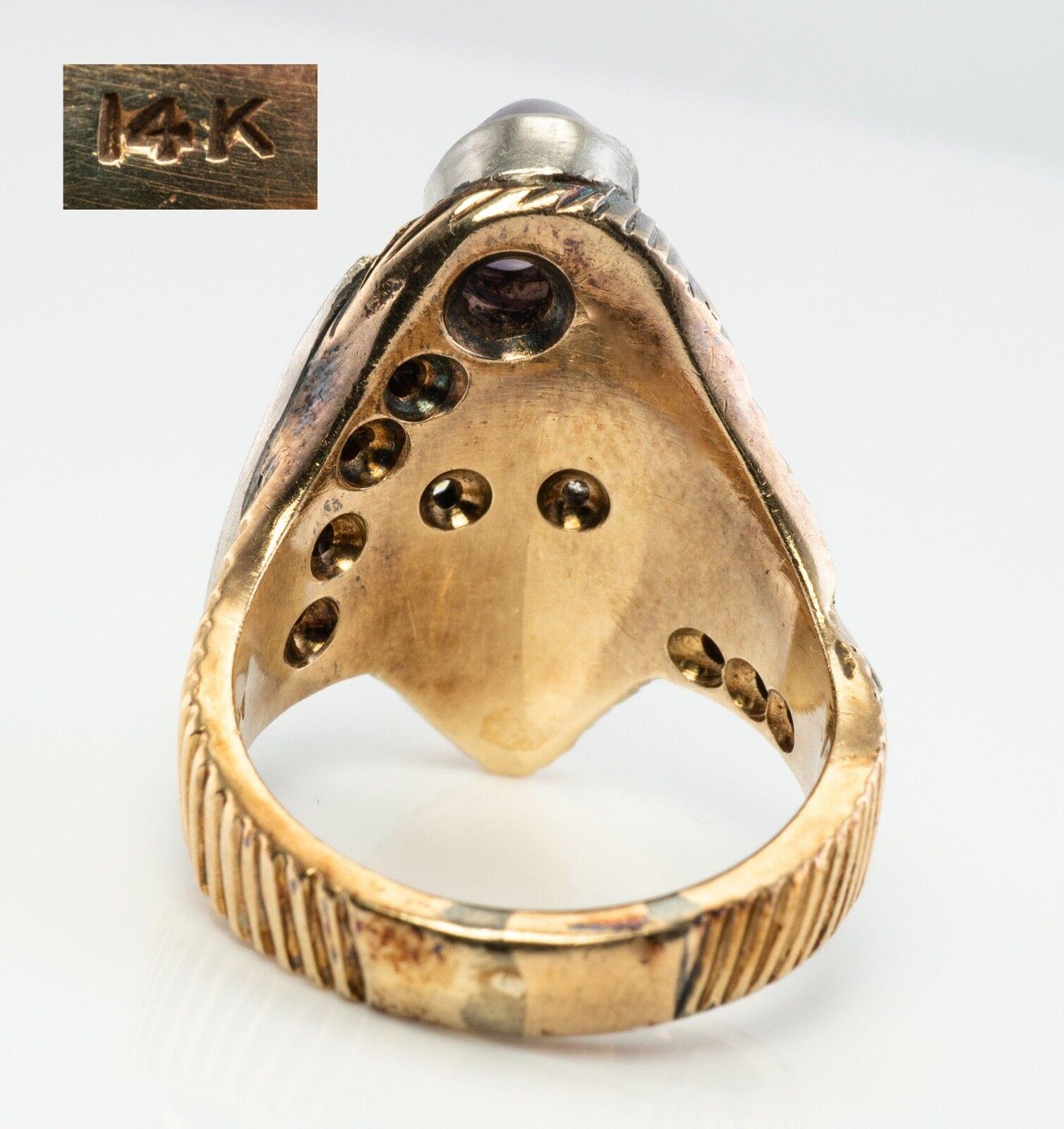 Anello con diamante, stella e zaffiro in oro 14K, viso mitologico d'epoca In condizioni buone in vendita a East Brunswick, NJ