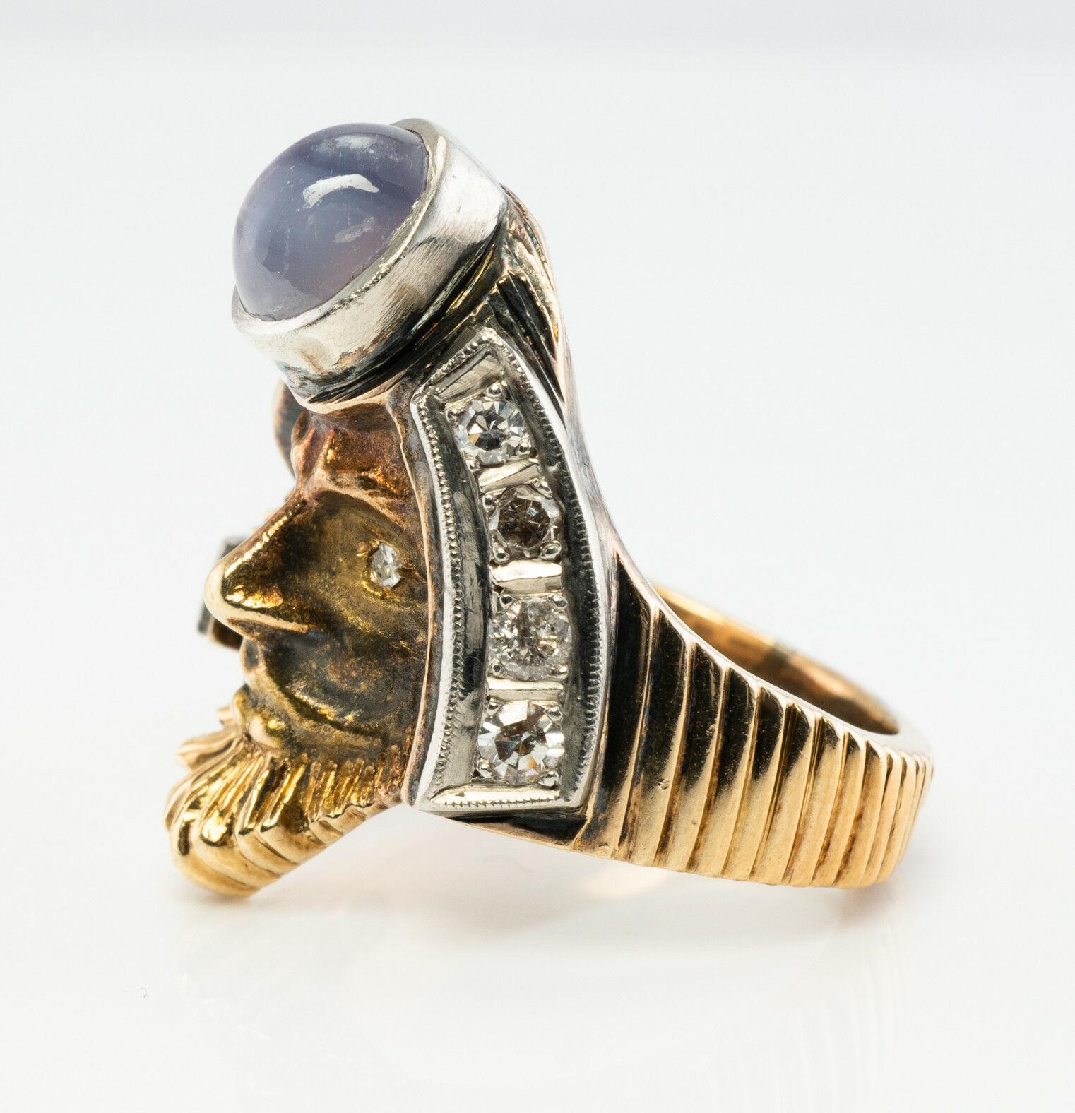 da uomo o donna Anello con diamante, stella e zaffiro in oro 14K, viso mitologico d'epoca in vendita