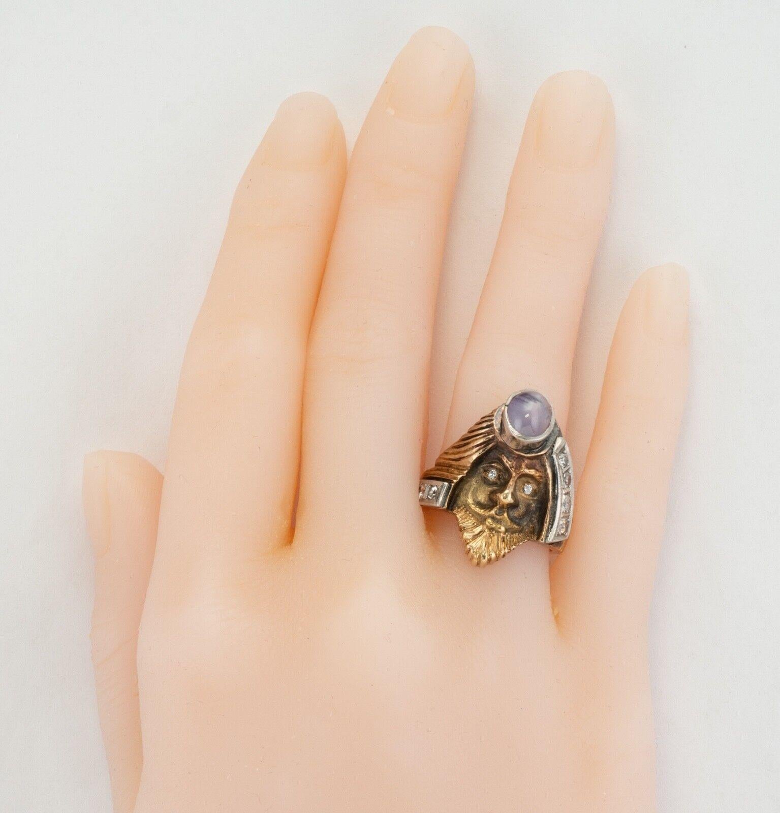 Anello con diamante, stella e zaffiro in oro 14K, viso mitologico d'epoca in vendita 1