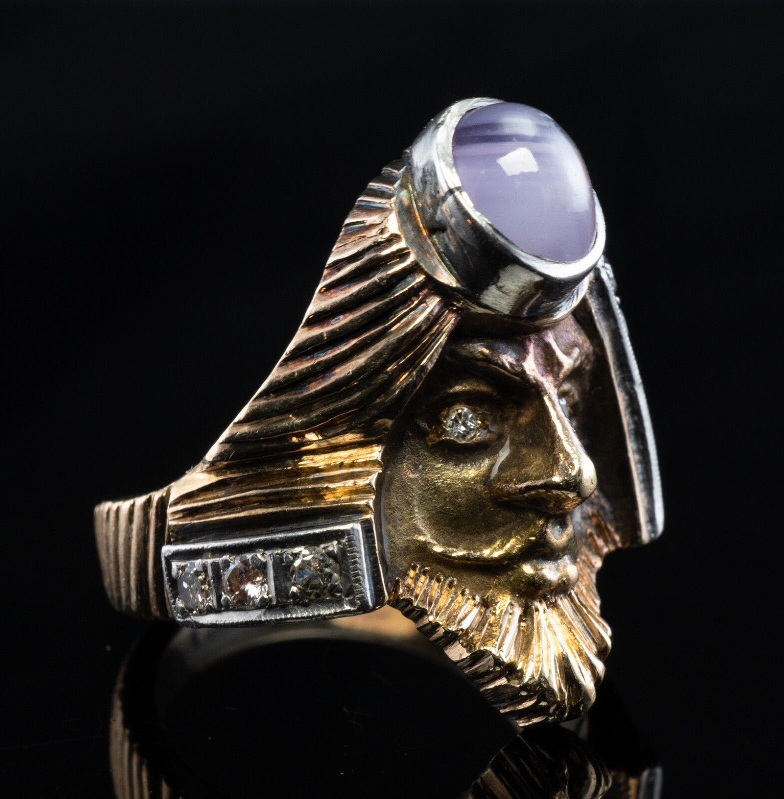 Anello con diamante, stella e zaffiro in oro 14K, viso mitologico d'epoca in vendita 2