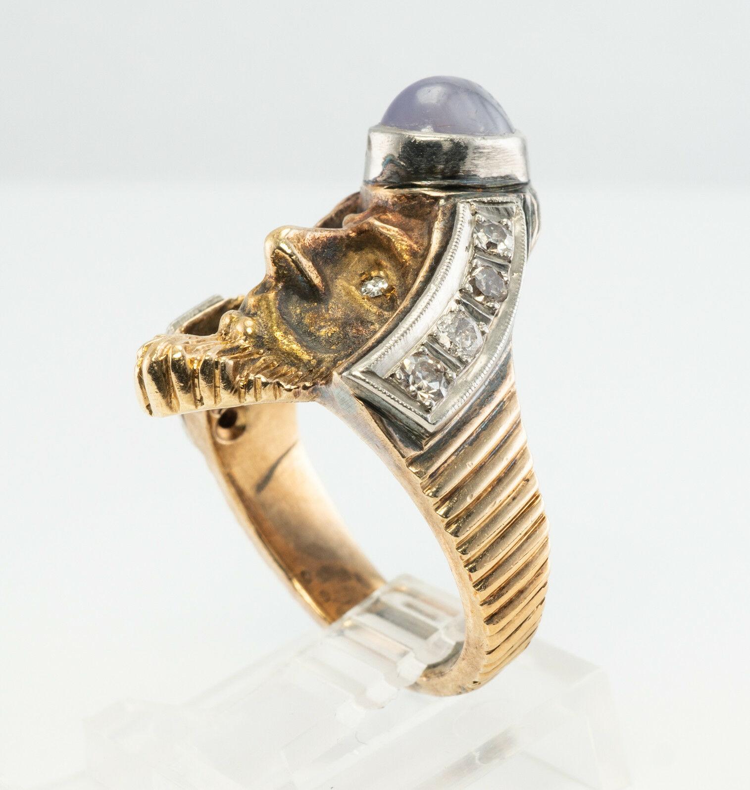 Anello con diamante, stella e zaffiro in oro 14K, viso mitologico d'epoca in vendita 3