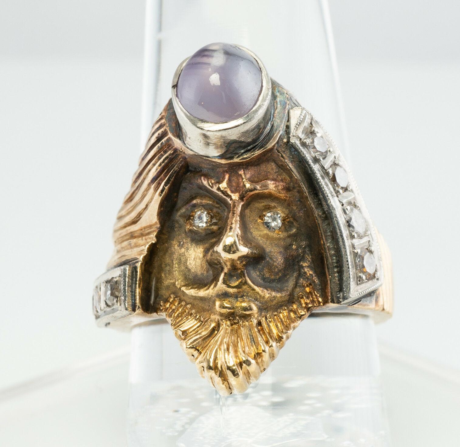 Anello con diamante, stella e zaffiro in oro 14K, viso mitologico d'epoca in vendita 4