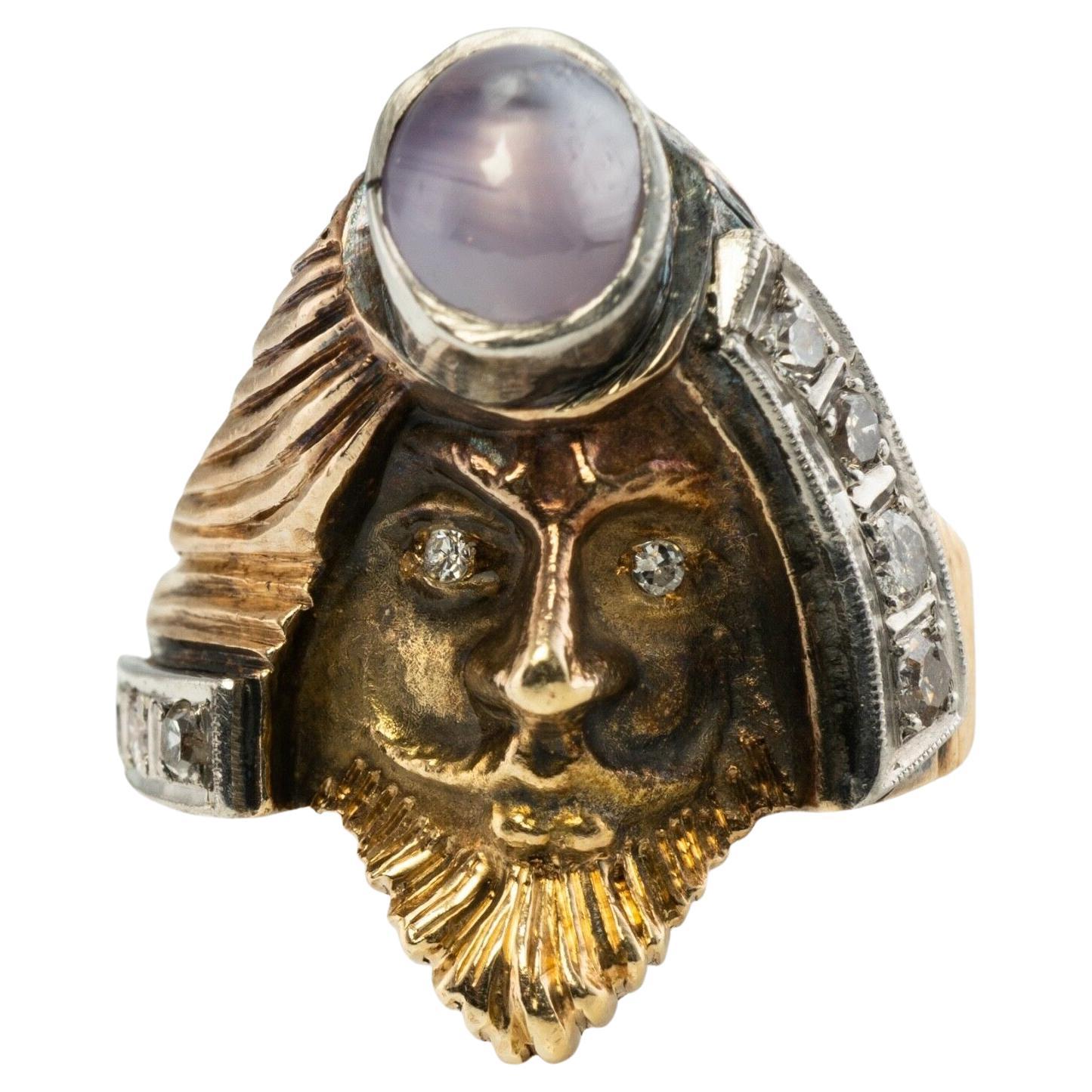 Diamant- Stern-Saphir-Ring 14K Gold Face Vintage Mythology, Diamant-Ring im Angebot