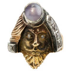Bague visage vintage mythologie en or 14 carats avec diamant et saphir étoilé