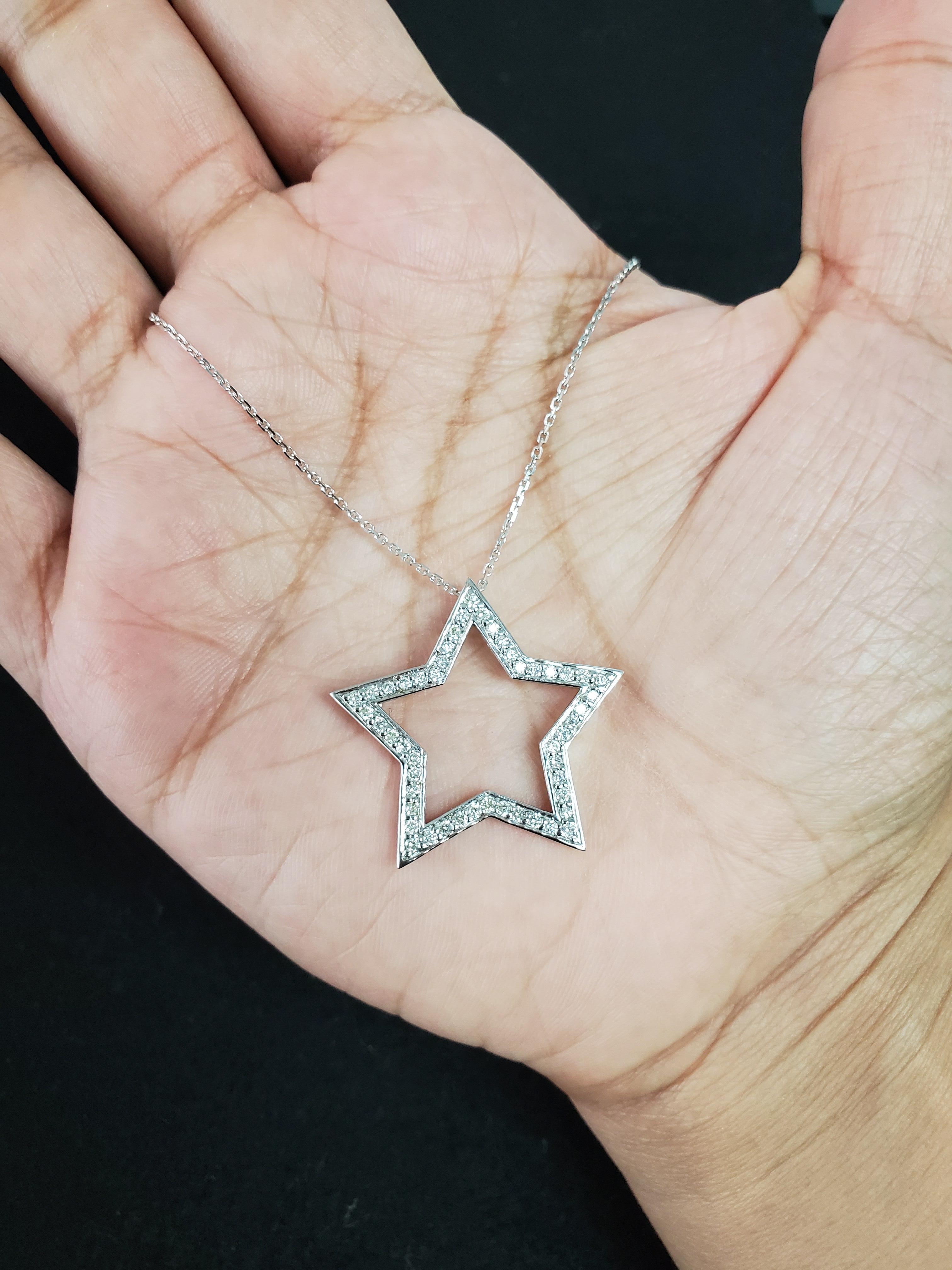 Round Cut Diamond Star Stencil Cutout Necklace .60cttw 14k White Gold For Sale