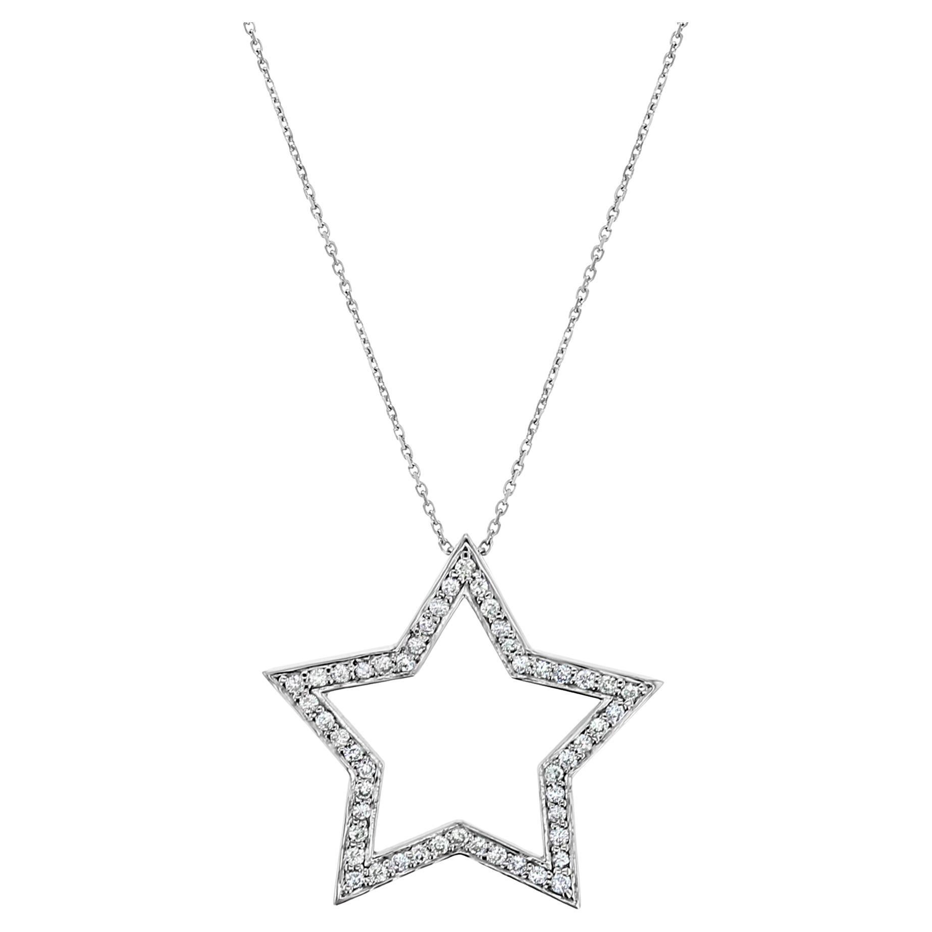 Diamond Star Stencil Cutout Necklace .60cttw 14k White Gold