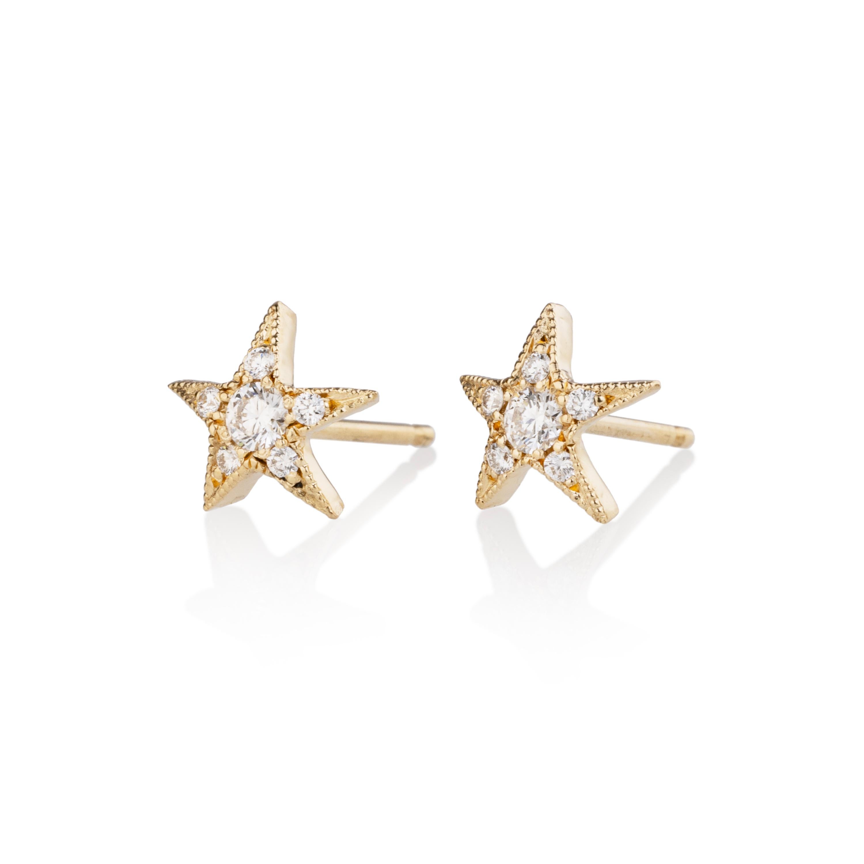 Ces clous d'oreilles étoilés en diamant, méticuleusement fabriqués à la main, sont un ajout magnifique à toute collection. Fabriquées à la main à partir d'une sculpture originale de Blackbird and the Snow, en utilisant l'art ancien de la 