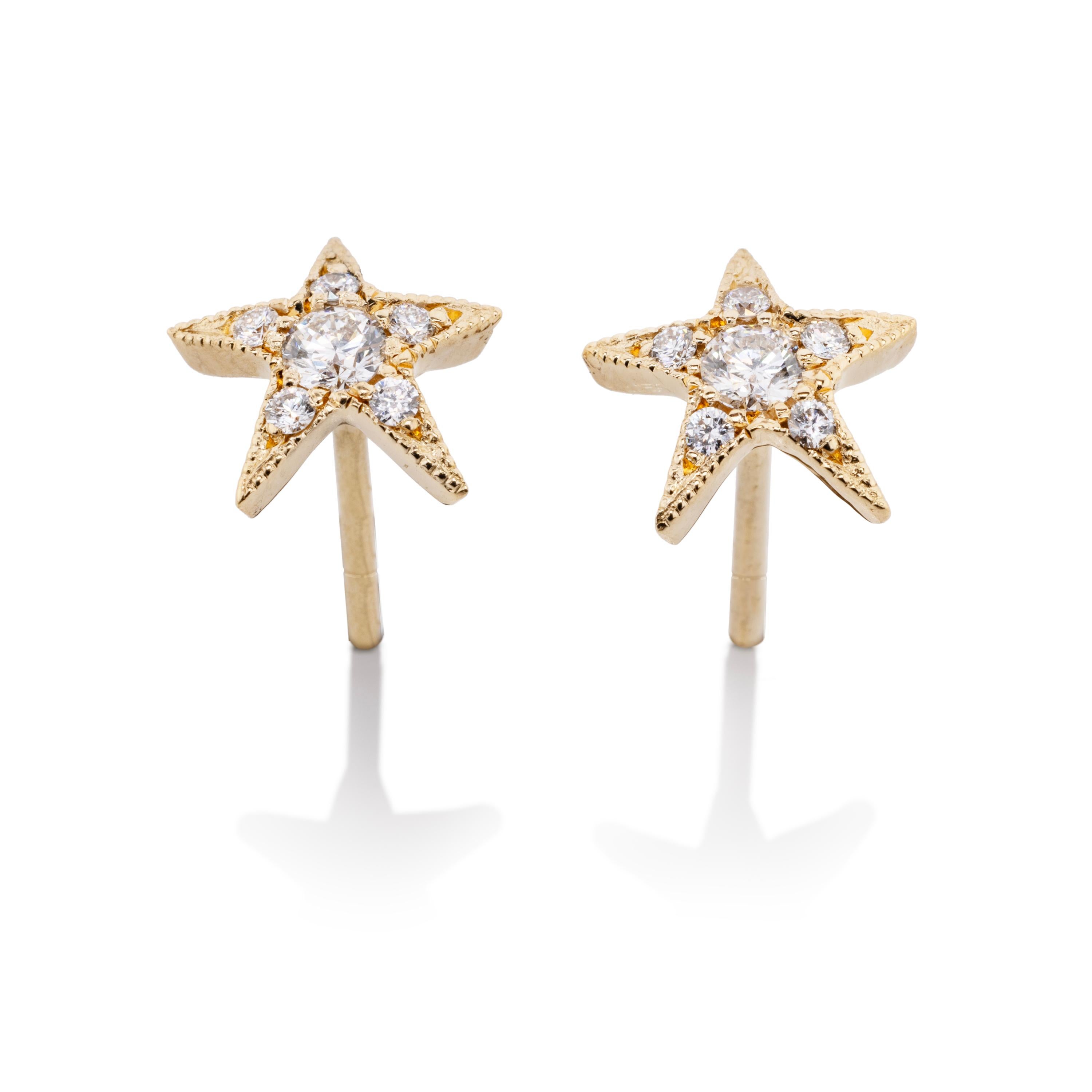 Taille ronde Boucles d'oreilles étoile en diamant, or en vente
