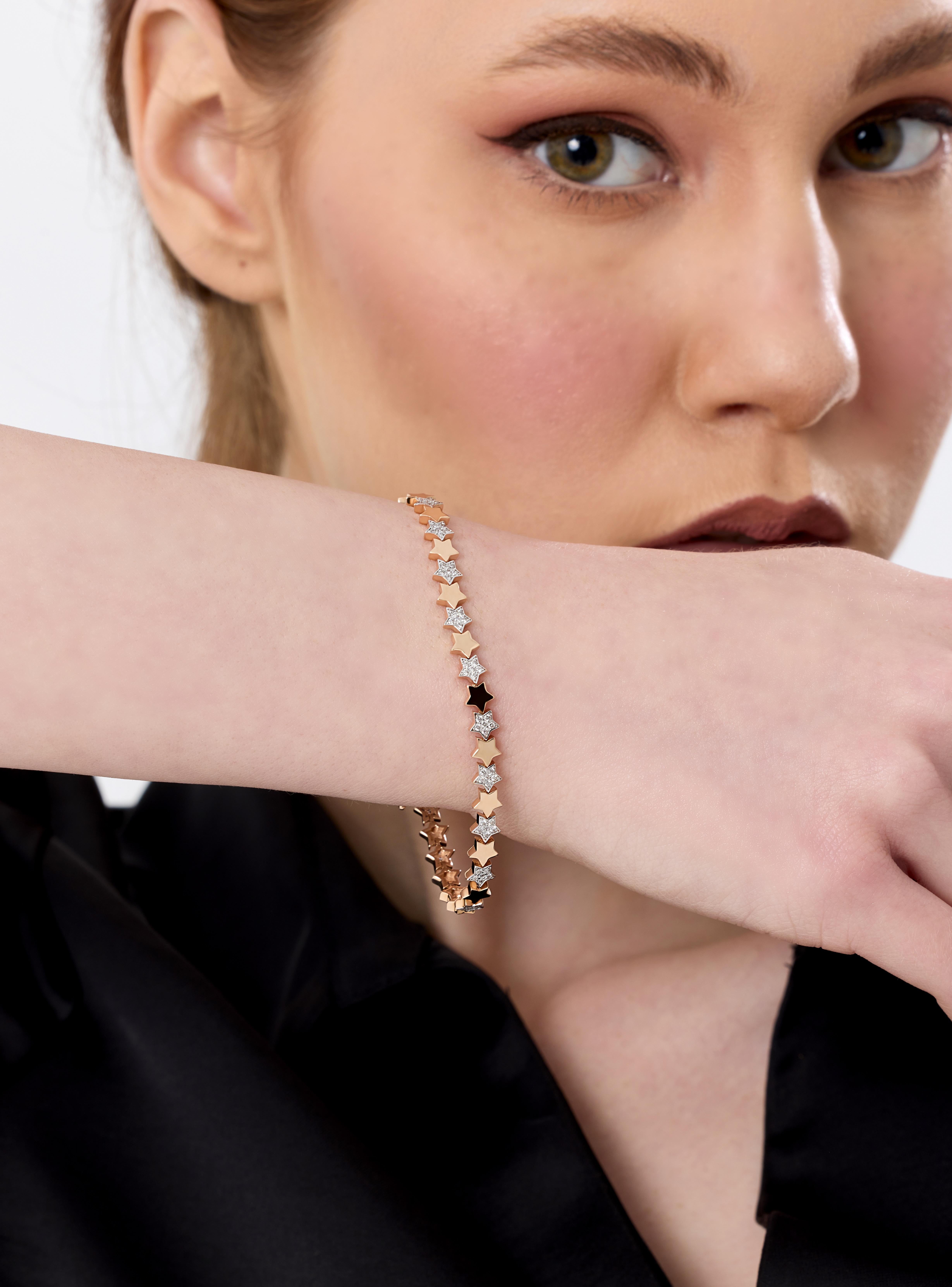 Diamond Star Tennis Bracelet Solid Gold 0.87ct In New Condition For Sale In Fatih, 34