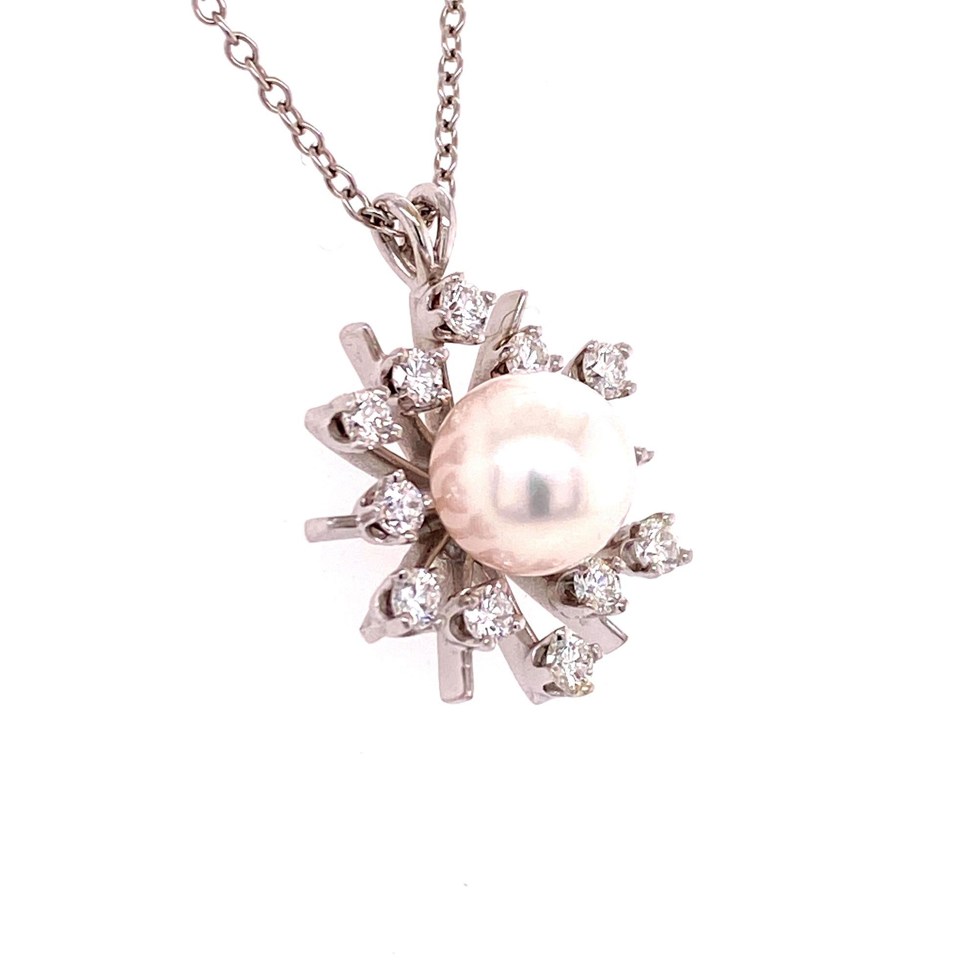 Modern Diamond Starburst Cultured Pearl White Gold Pendant Necklace