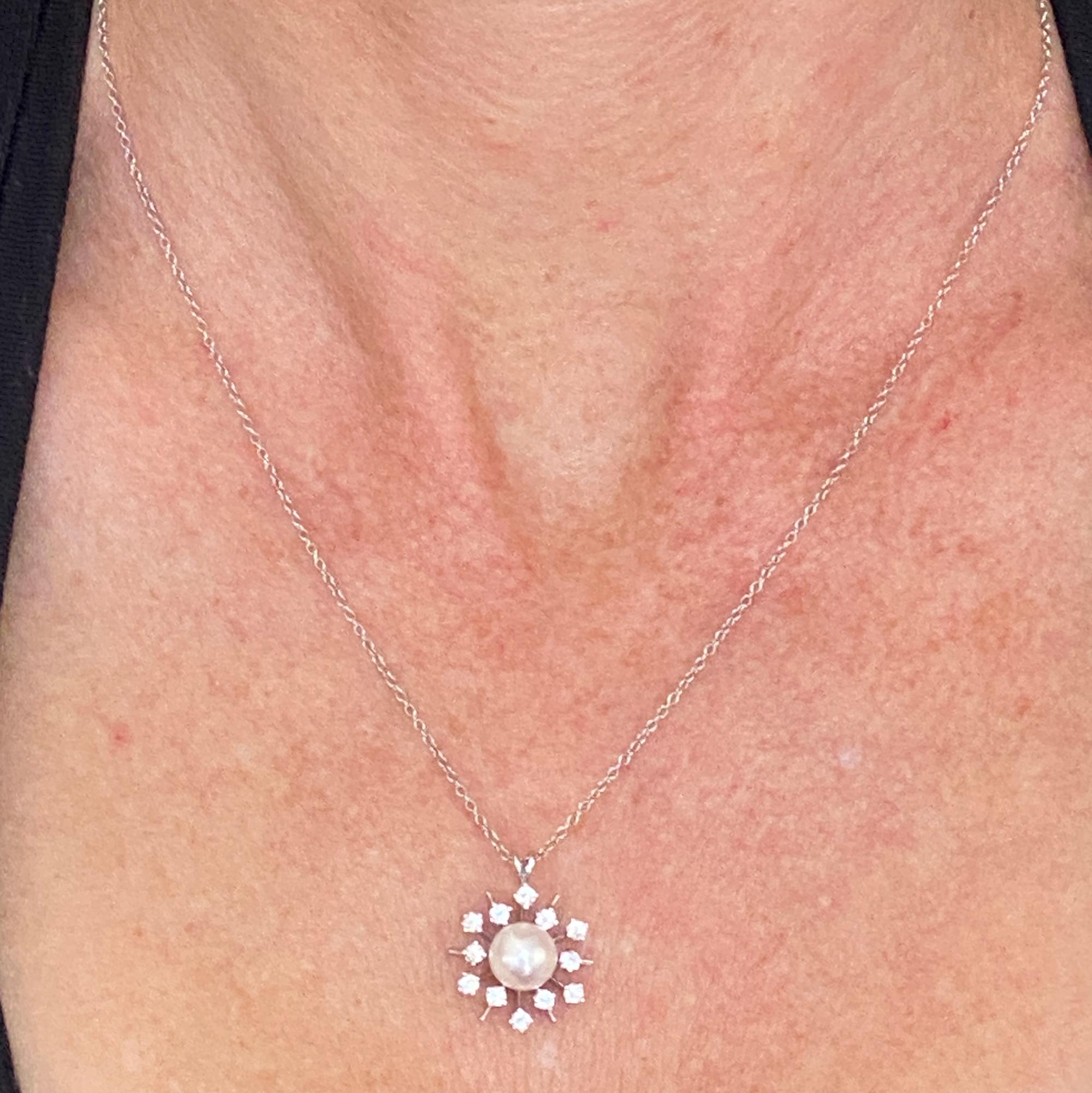 Round Cut Diamond Starburst Cultured Pearl White Gold Pendant Necklace