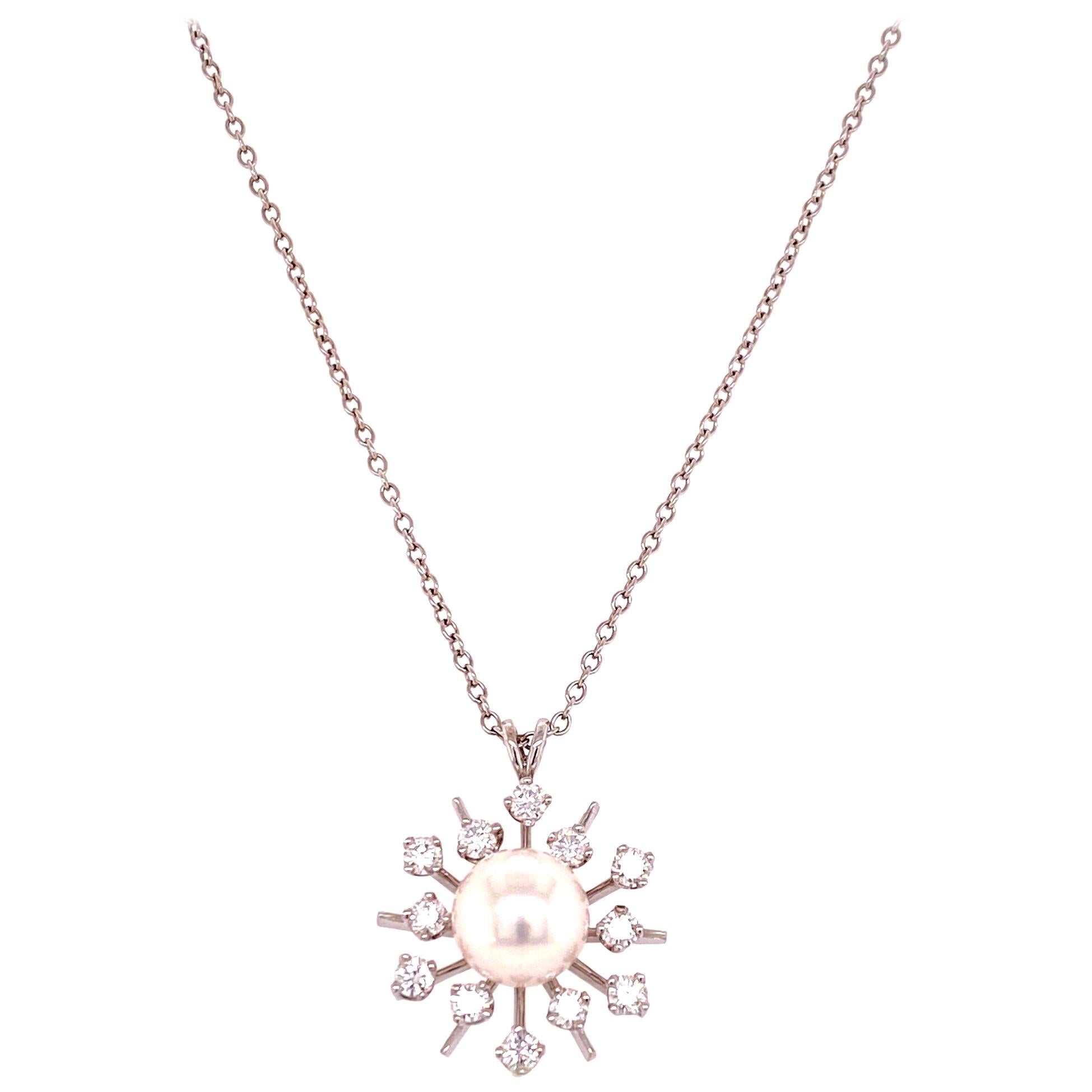 Diamond Starburst Cultured Pearl White Gold Pendant Necklace For Sale