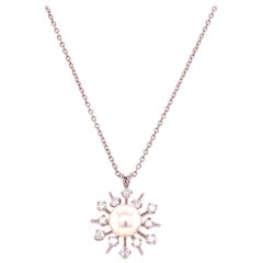 Diamond Starburst Cultured Pearl White Gold Pendant Necklace