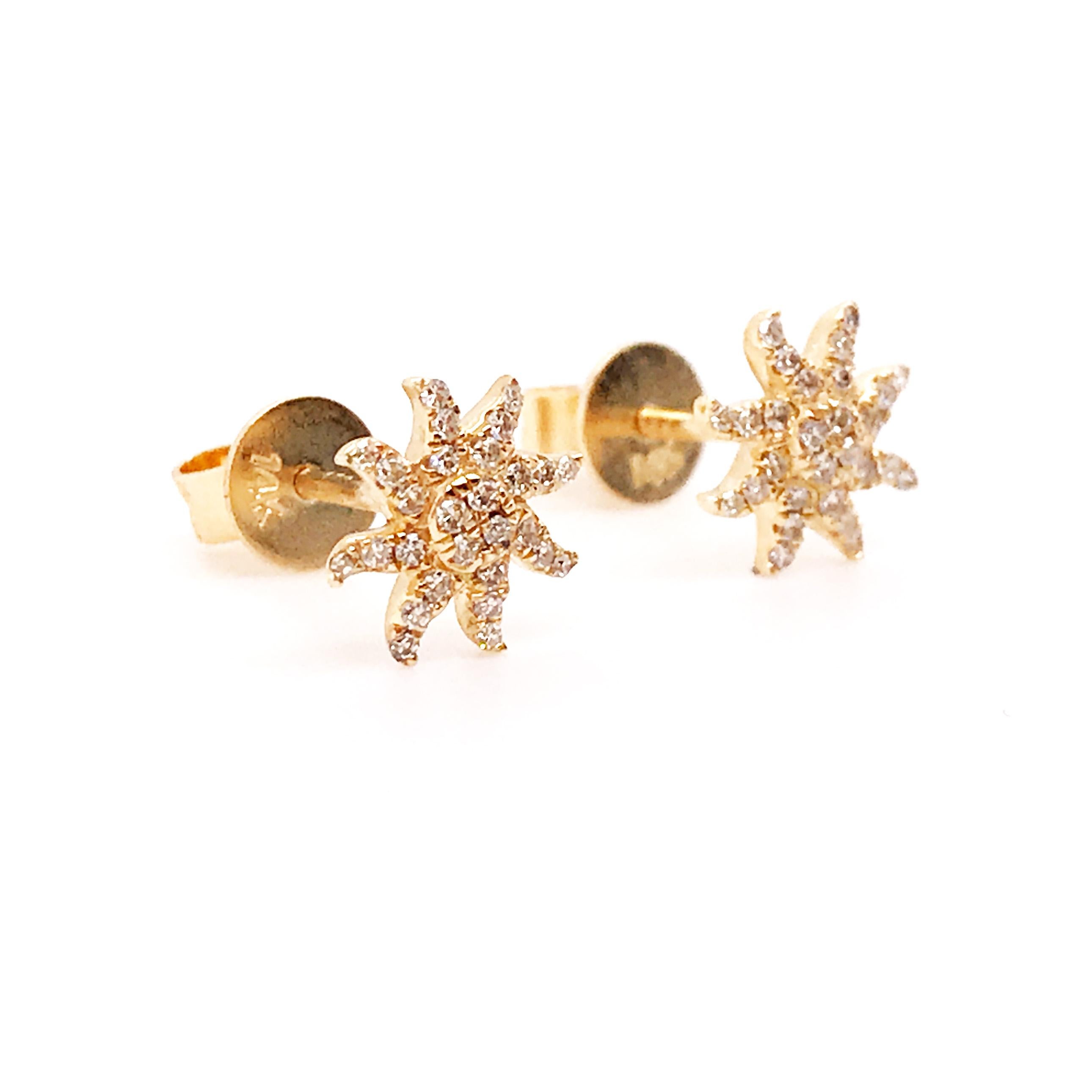 Brighten your day with these starburst sun earrings! Paved in diamonds, these earrings are so special and adorable. These diamond stud earrings have great personality and add a creative touch to any fine jewelry collection. These would make such a