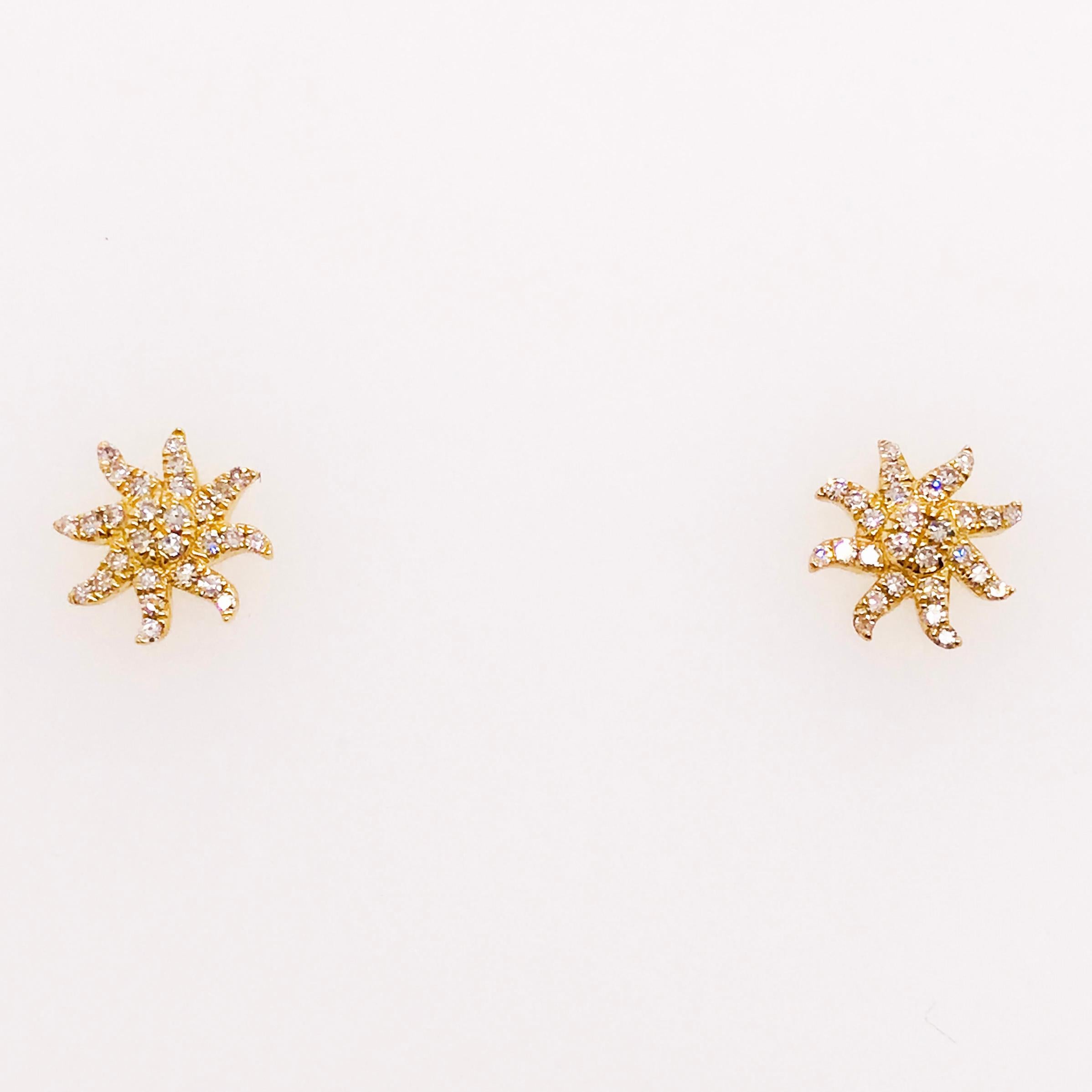 Contemporary Diamond Starburst Earring Studs in 14 Karat Gold, Diamond Sun Earring Studs