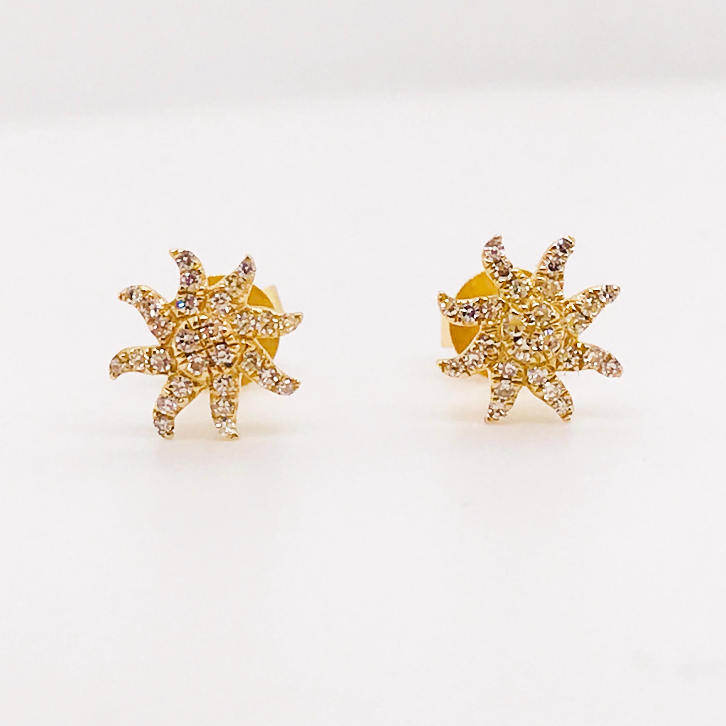 Round Cut Diamond Starburst Earring Studs in 14 Karat Gold, Diamond Sun Earring Studs