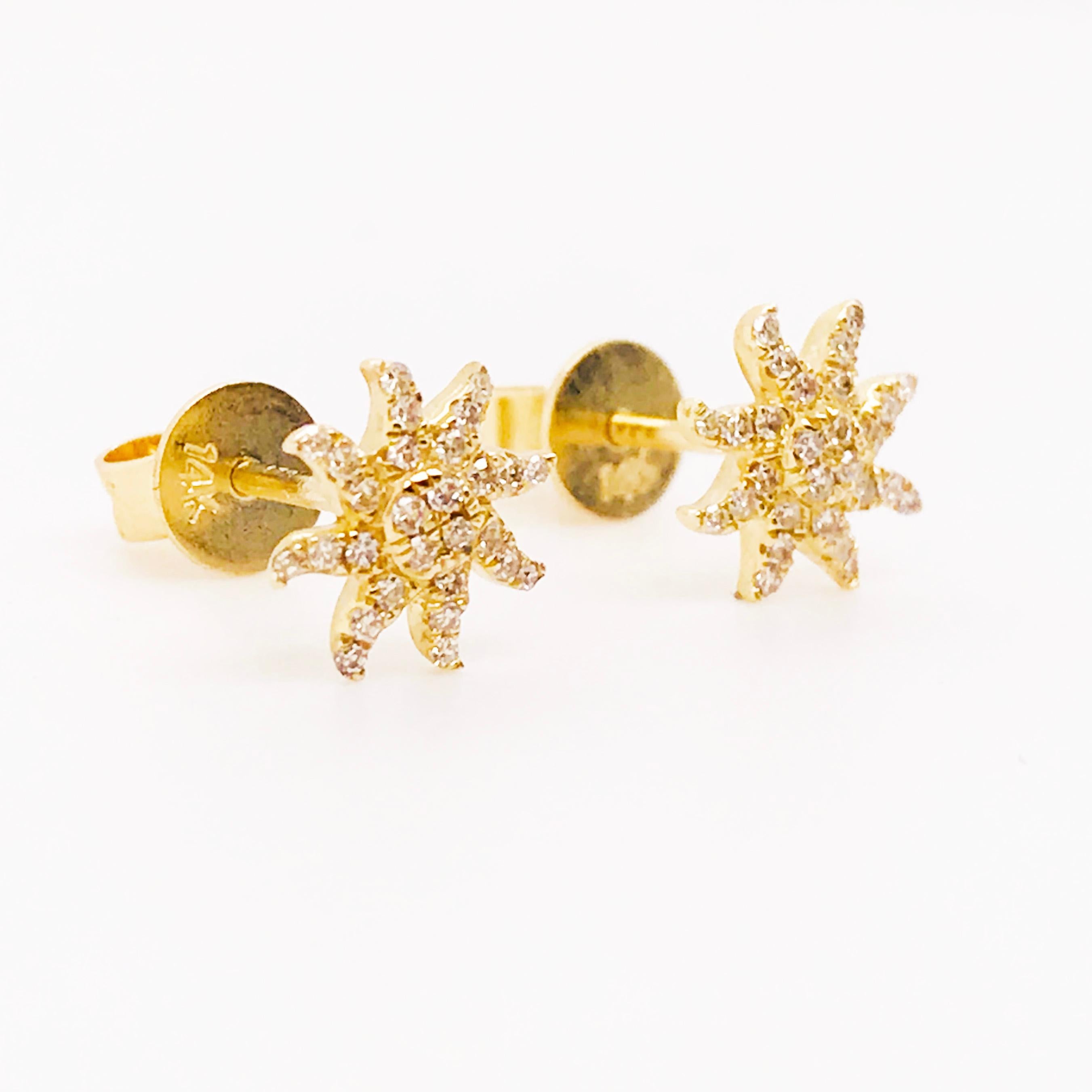 Diamond Starburst Earring Studs in 14 Karat Gold, Diamond Sun Earring Studs In New Condition In Austin, TX