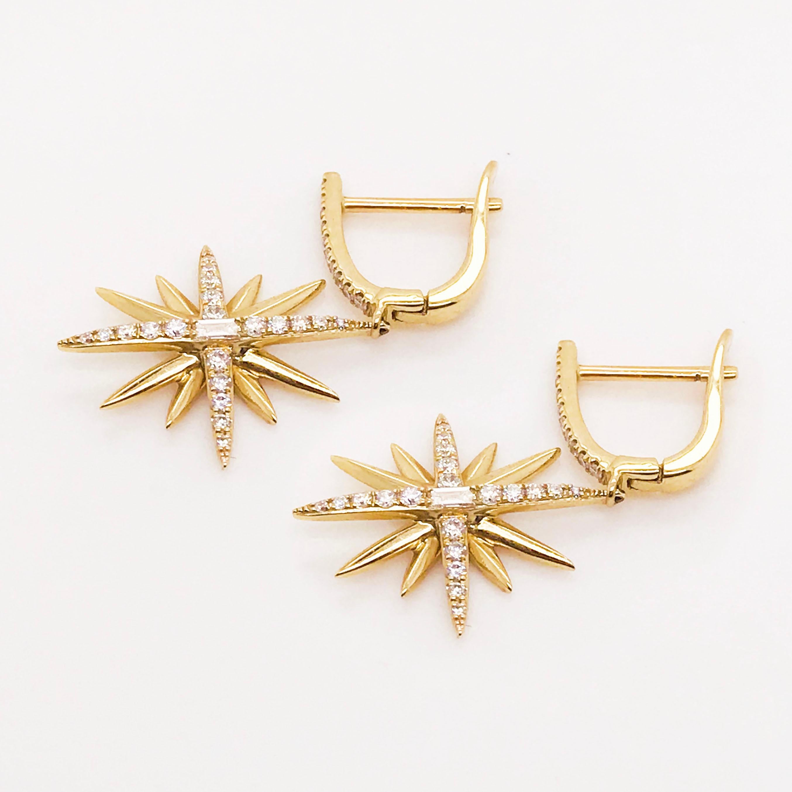 Artisan Diamond Starburst Earrings, 14K Yellow Gold Designer Diamond Earring Dangles