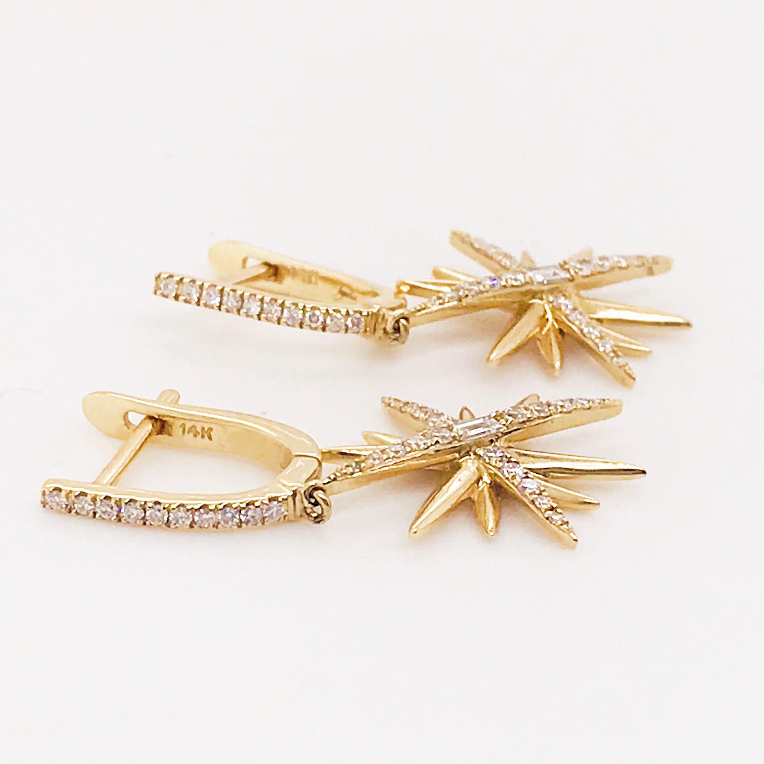 Baguette Cut Diamond Starburst Earrings, 14K Yellow Gold Designer Diamond Earring Dangles