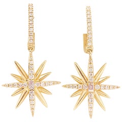 Diamond Starburst Earrings, 14K Yellow Gold Designer Diamond Earring Dangles