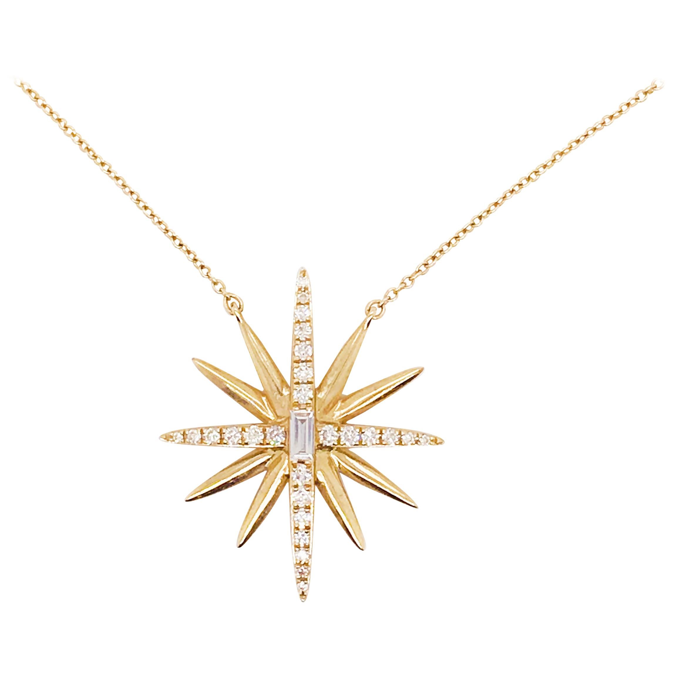 Diamond Starburst Necklace, 14 Karat Yellow Gold Designer Diamond Necklace