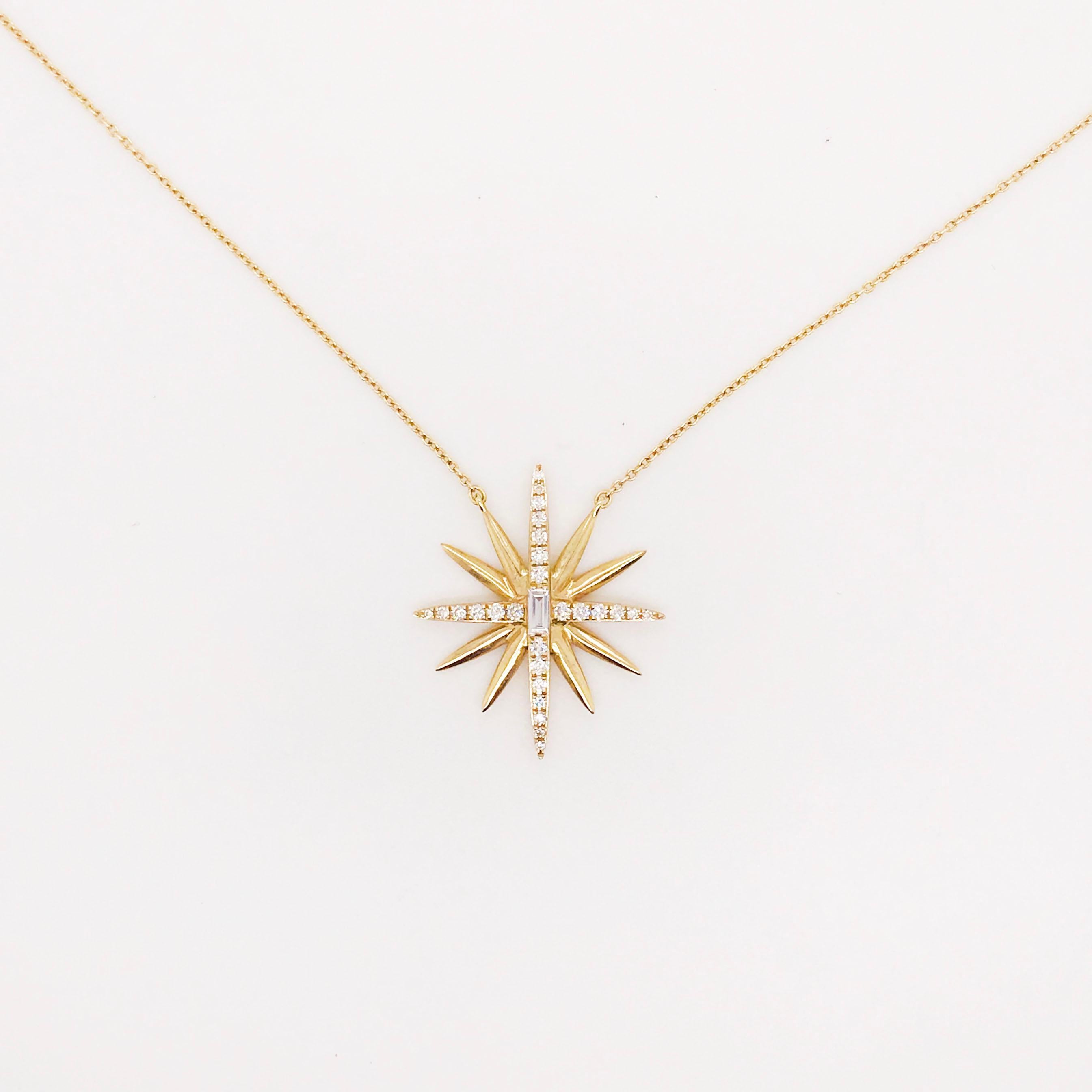 This diamond starburst designer necklace is bold and beautiful! Made in 14K gold with genuine, natural diamonds. The necklace has a starburst pendant design with a baguette diamond set in the center, surrounded by round brilliant diamonds! The