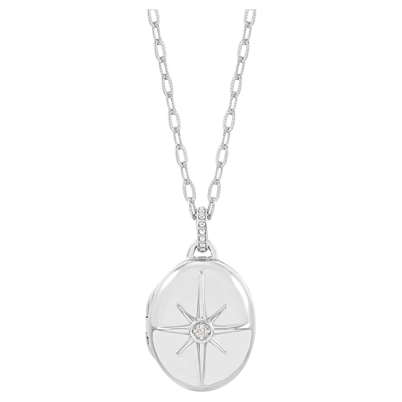 Diamond Starburst Oval Locket In Sterling Silver For Sale