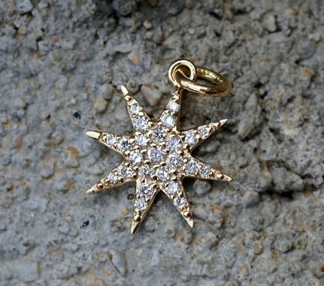 Art Deco Diamond Starburst Pendant 14k Solid Gold Star Charm Pendant Birthday Gift Charm For Sale